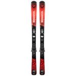 Rossignol Hero JR with Team 4 Bindings - A red and black ski with a geometric pattern on the top of each ski, featuring a black binding in the center.
