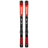 Rossignol Hero JR with Team 4 Bindings - A red and black ski with a geometric pattern on the top of each ski, featuring a black binding in the center.