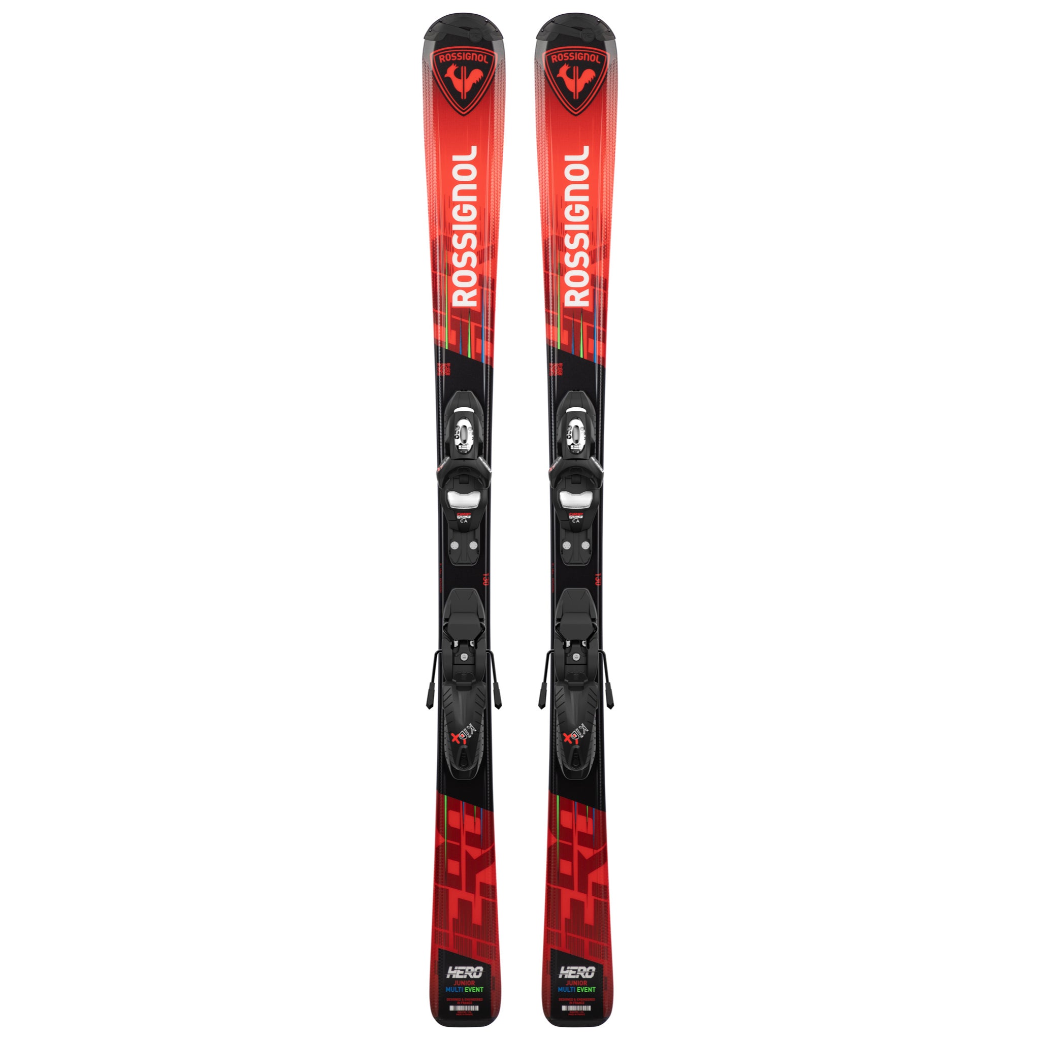 Rossignol Hero JR with Team 4 Bindings - A red and black ski with a geometric pattern on the top of each ski, featuring a black binding in the center.