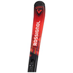 Rossignol Hero JR with Team 4 Bindings - A red and black ski with a distinctive logo at the top featuring a stylized "R" in white, outlined in black.