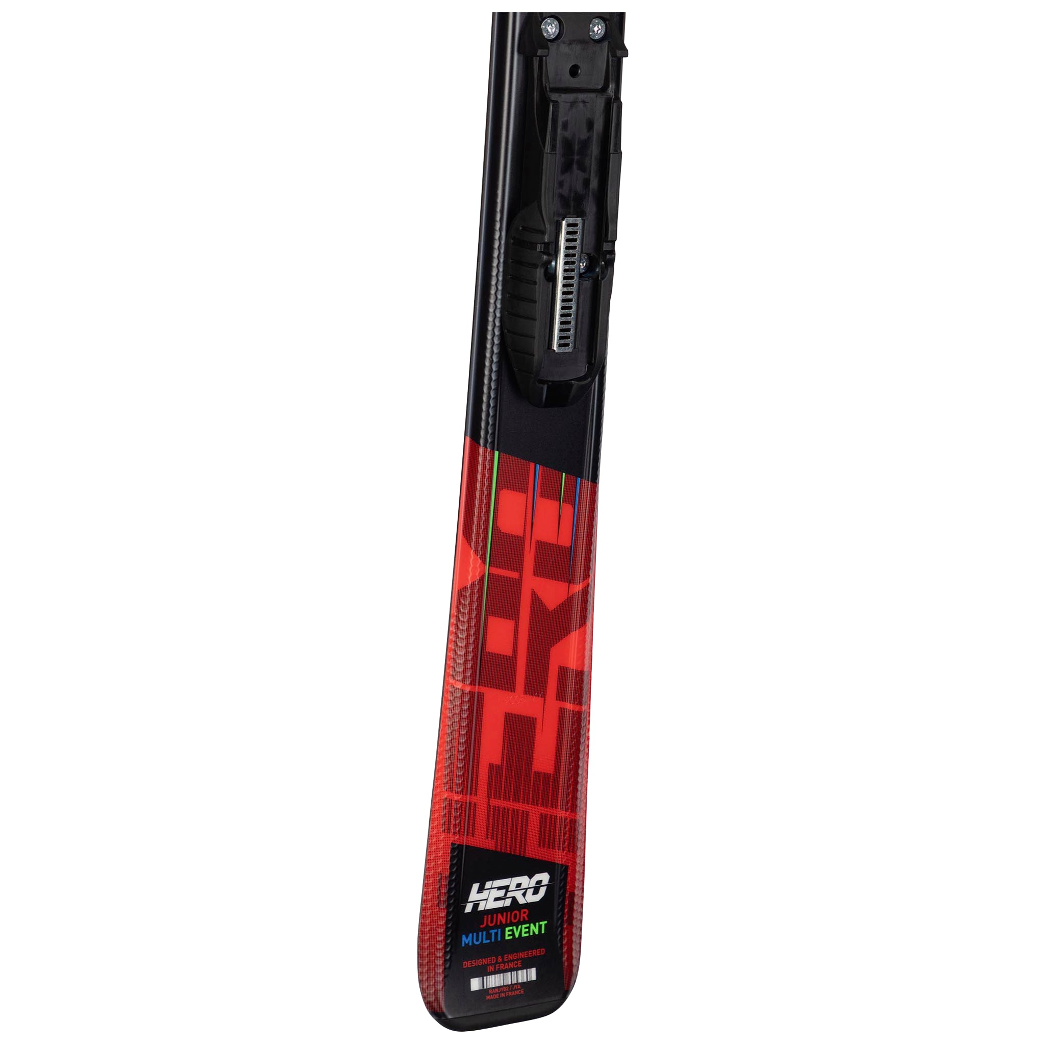 Rossignol Hero JR with Team 4 Bindings - A black and red ski with a geometric pattern on its side, featuring a black top section and a red bottom section.