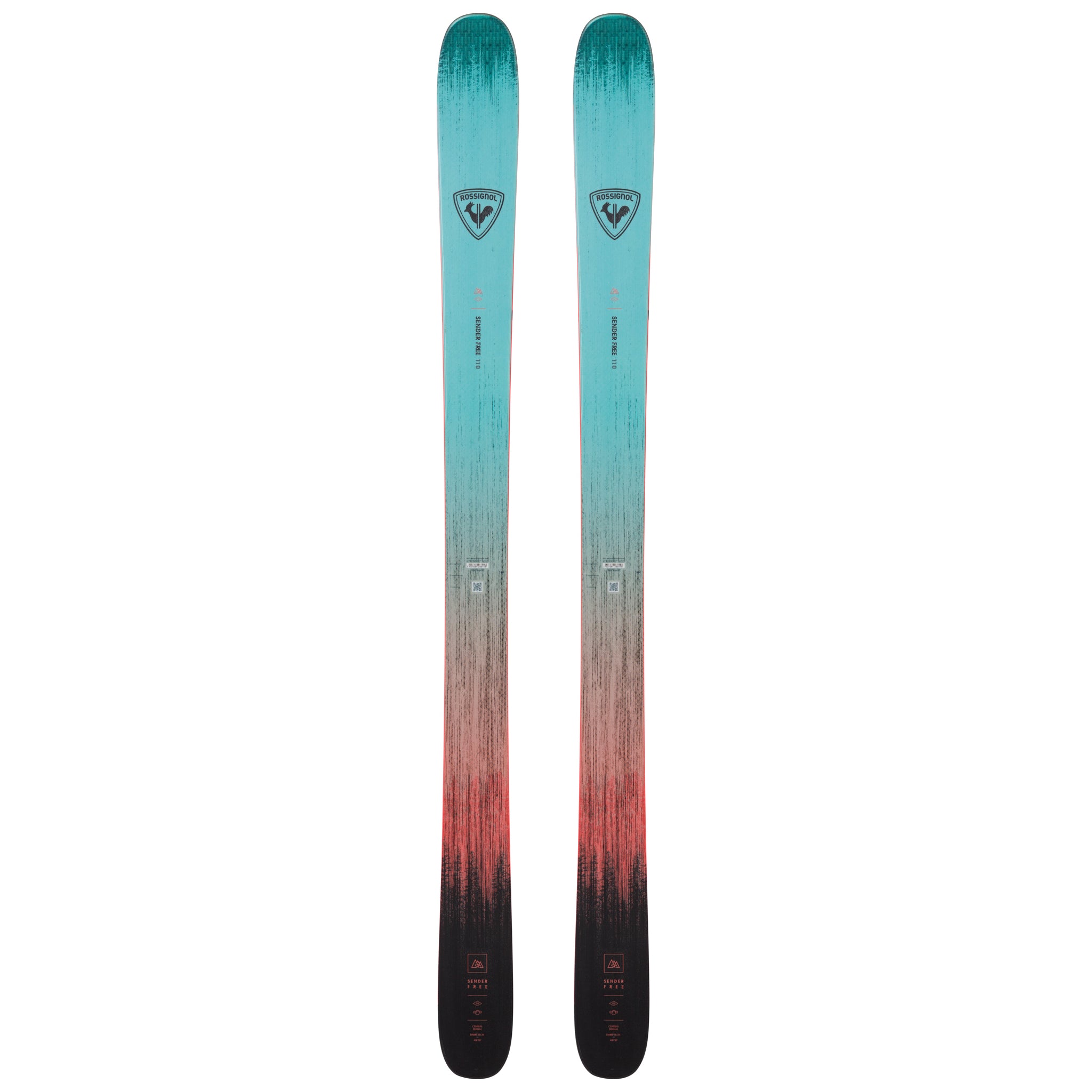 Rossignol Sender Free 110 Skis 2025 - A pair of skis with a light blue-green top and black bottom, featuring a distinctive logo on the top.