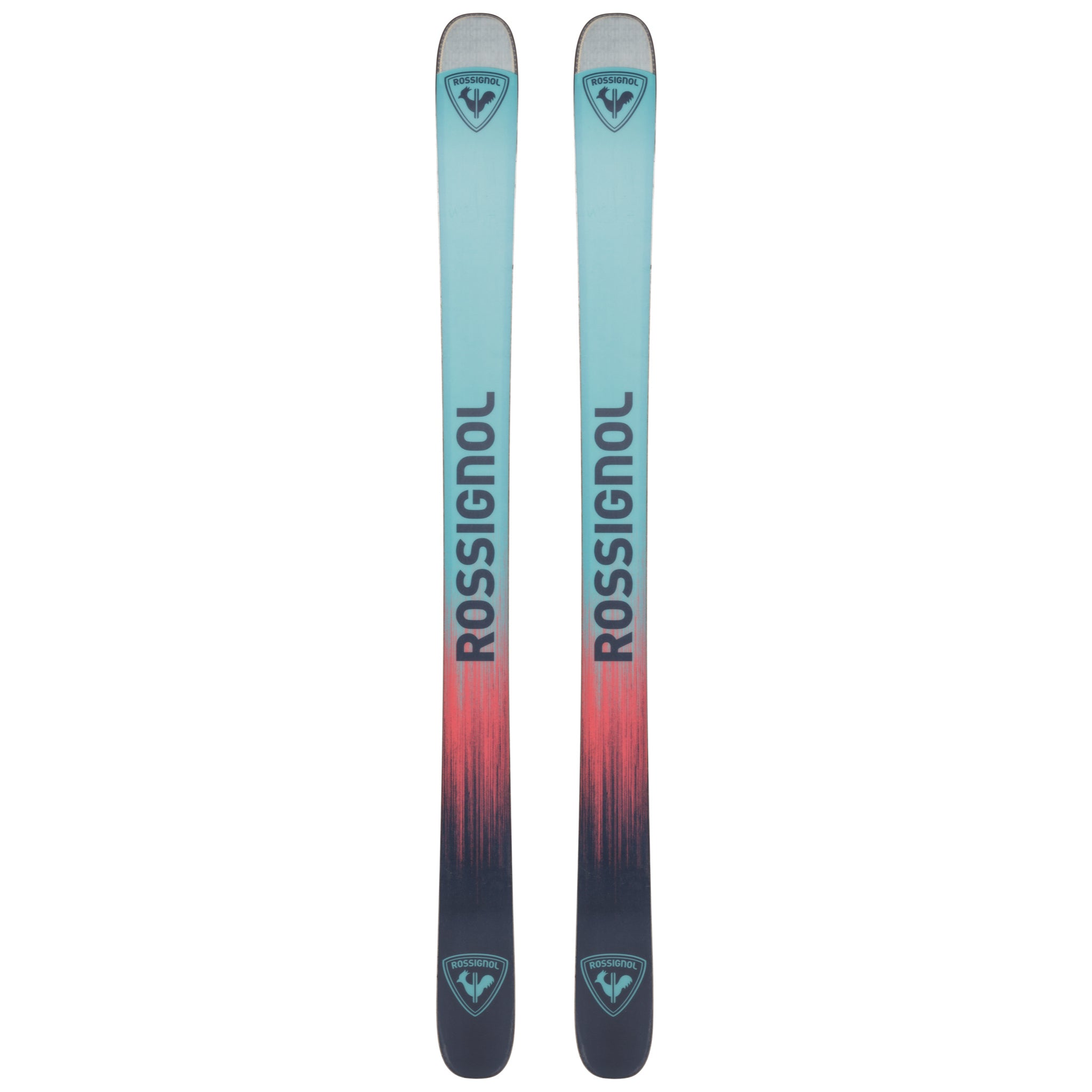 Rossignol Sender Free 110 Skis 2025 - A pair of skis with a light blue top and red bottom, featuring the brand name "ROSSIGNOL" in black letters on both sides.