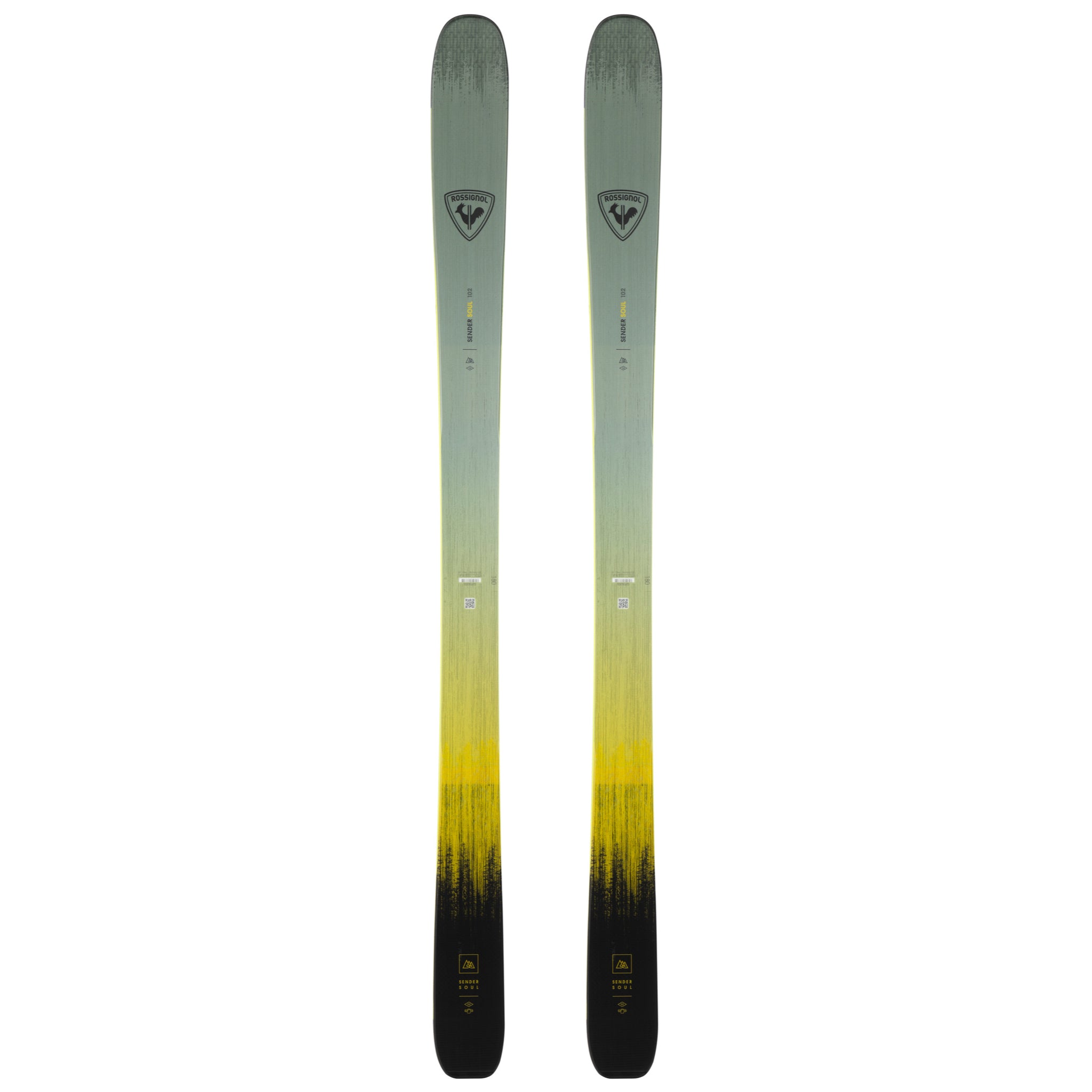 Rossignol Sender Soul 102 Skis 2025 - A pair of skis with a light green top and yellow-green bottom, featuring a distinctive black logo on both tips.