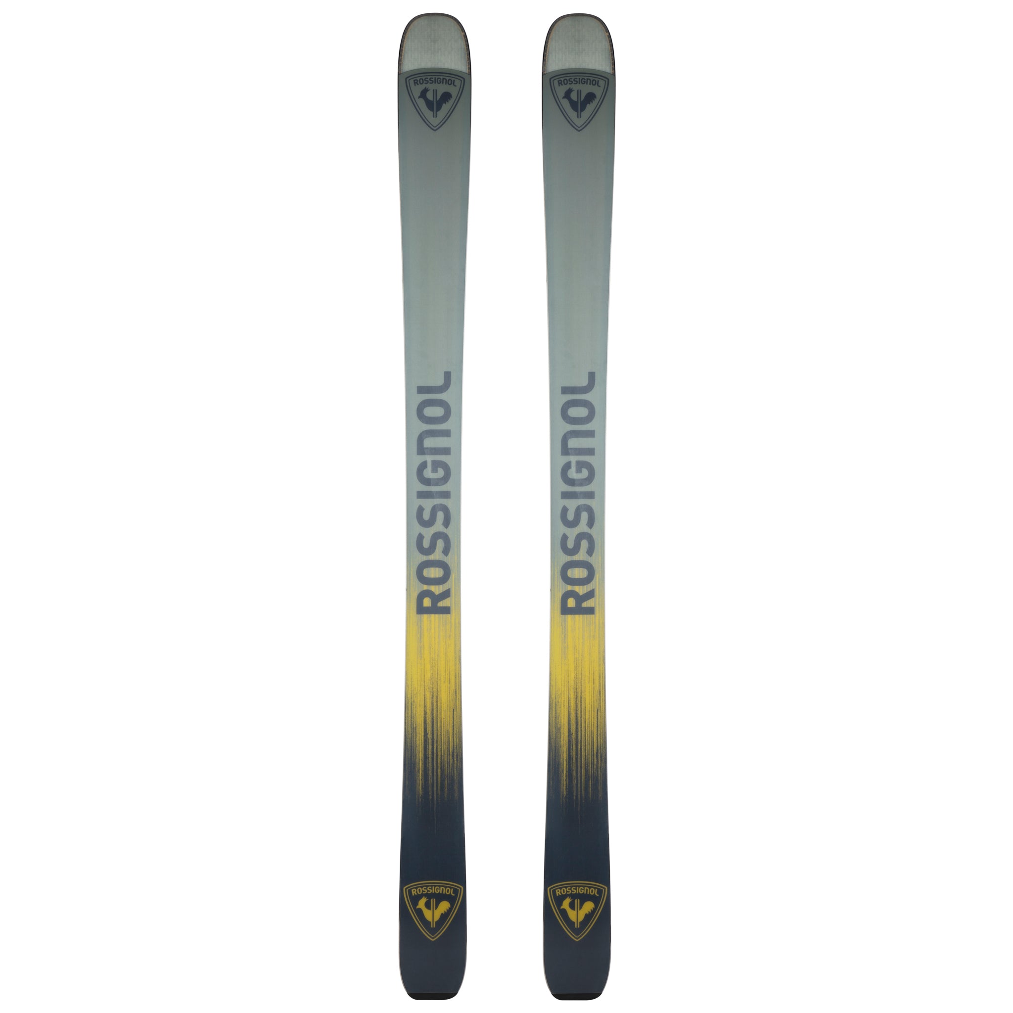 Rossignol Sender Soul 102 Skis 2025 - A pair of skis with a gray and yellow gradient color scheme, featuring the Rossignol logo at the tip.