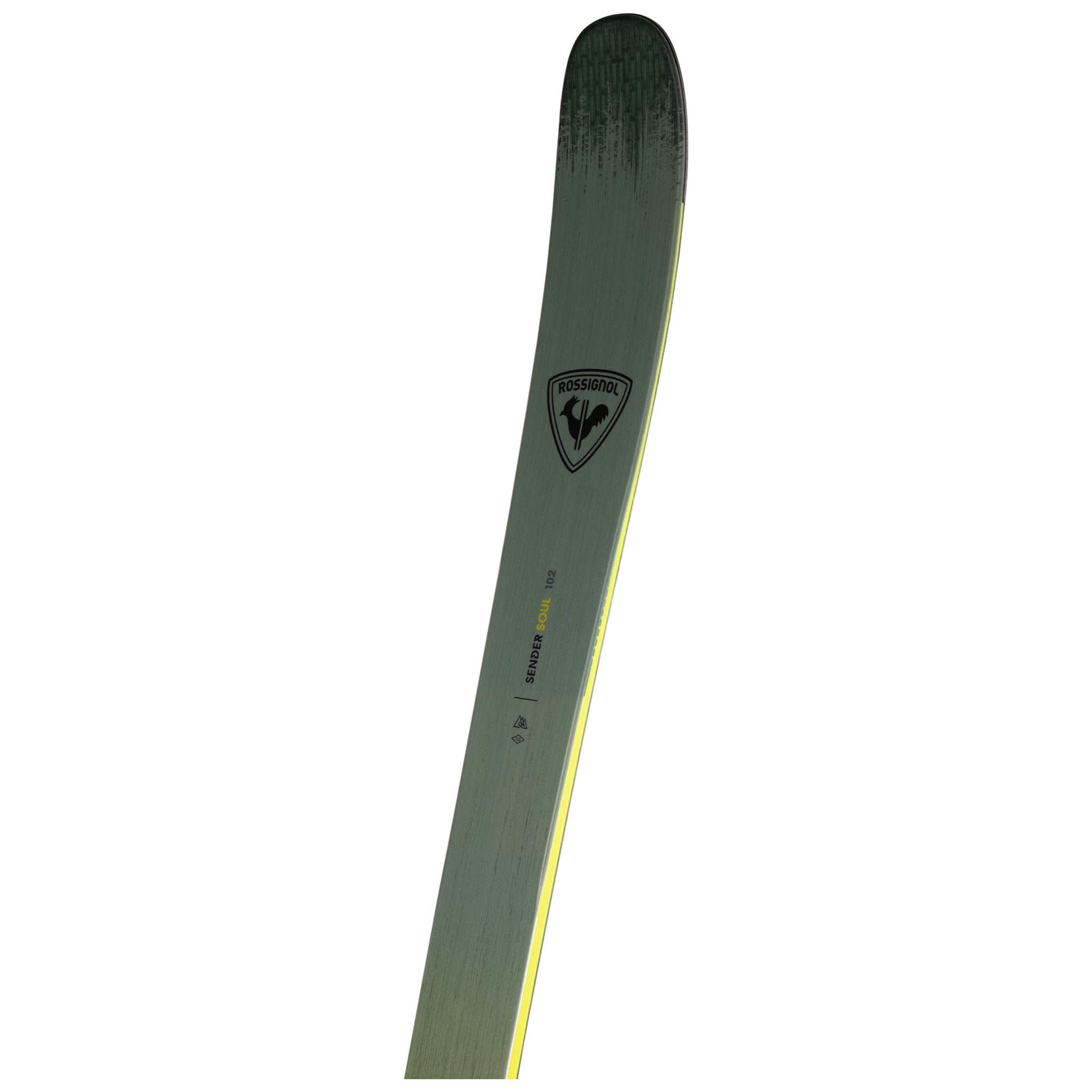 Rossignol Sender Soul 102 Skis 2025 - A pair of skis with a black and yellow color scheme, featuring a distinctive logo on the top.