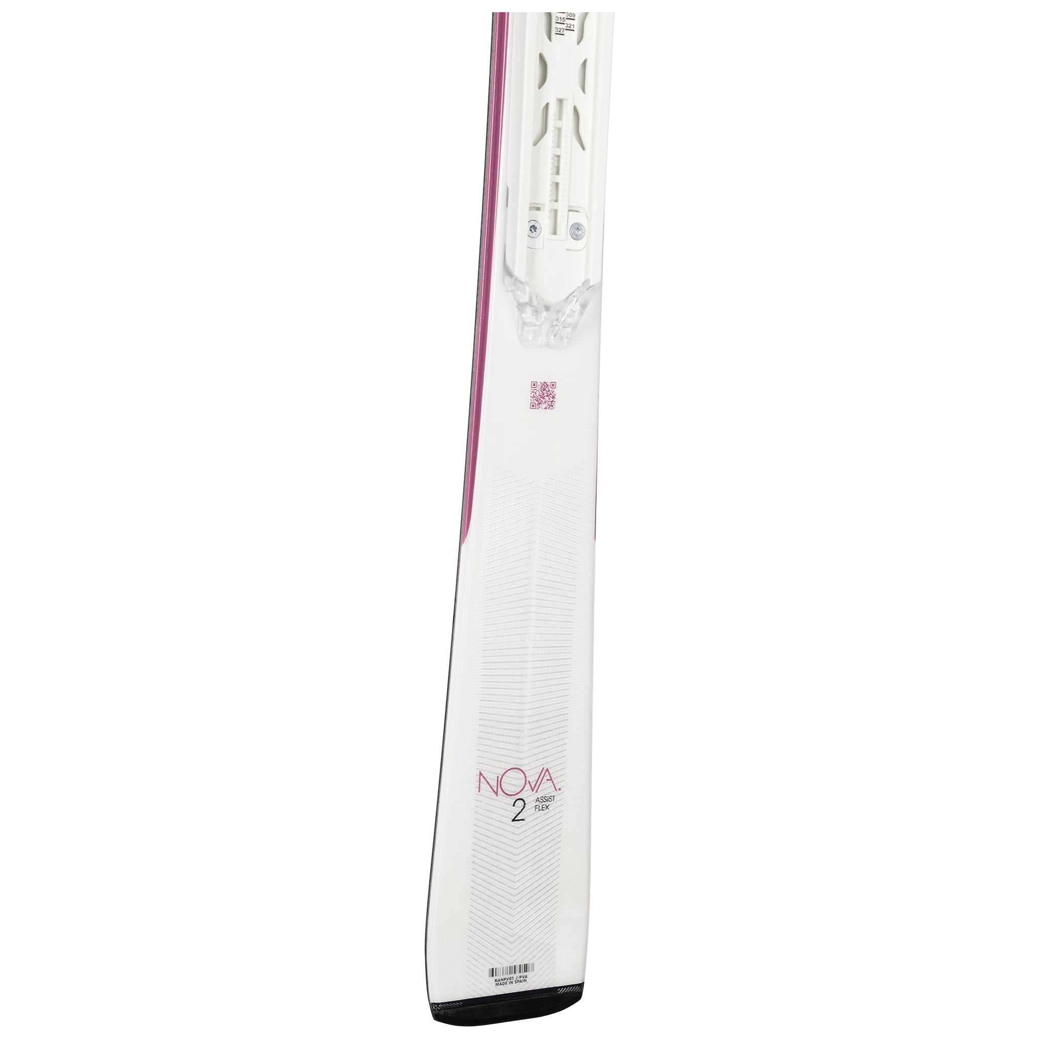 Rossignol Nova 2 Skis with XP10 Bindings - White skis with pink accents and a black base, featuring a distinctive pattern on the top sheet.