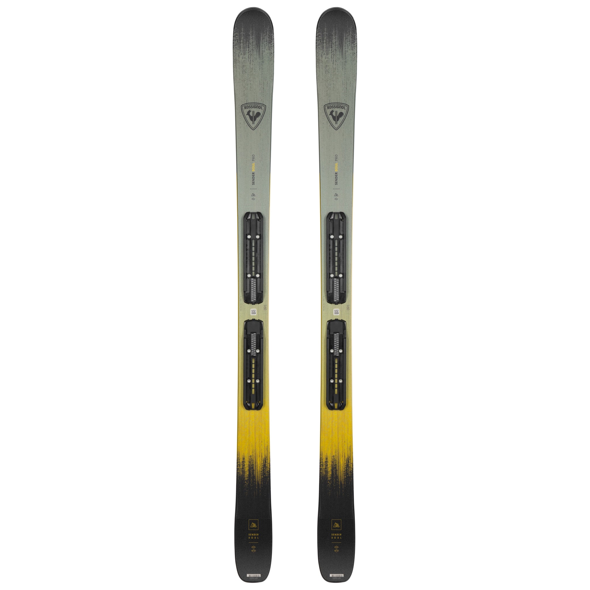 Rossignol - Youths' skis with a yellow and black color scheme, featuring a distinctive "Sender" logo on top.