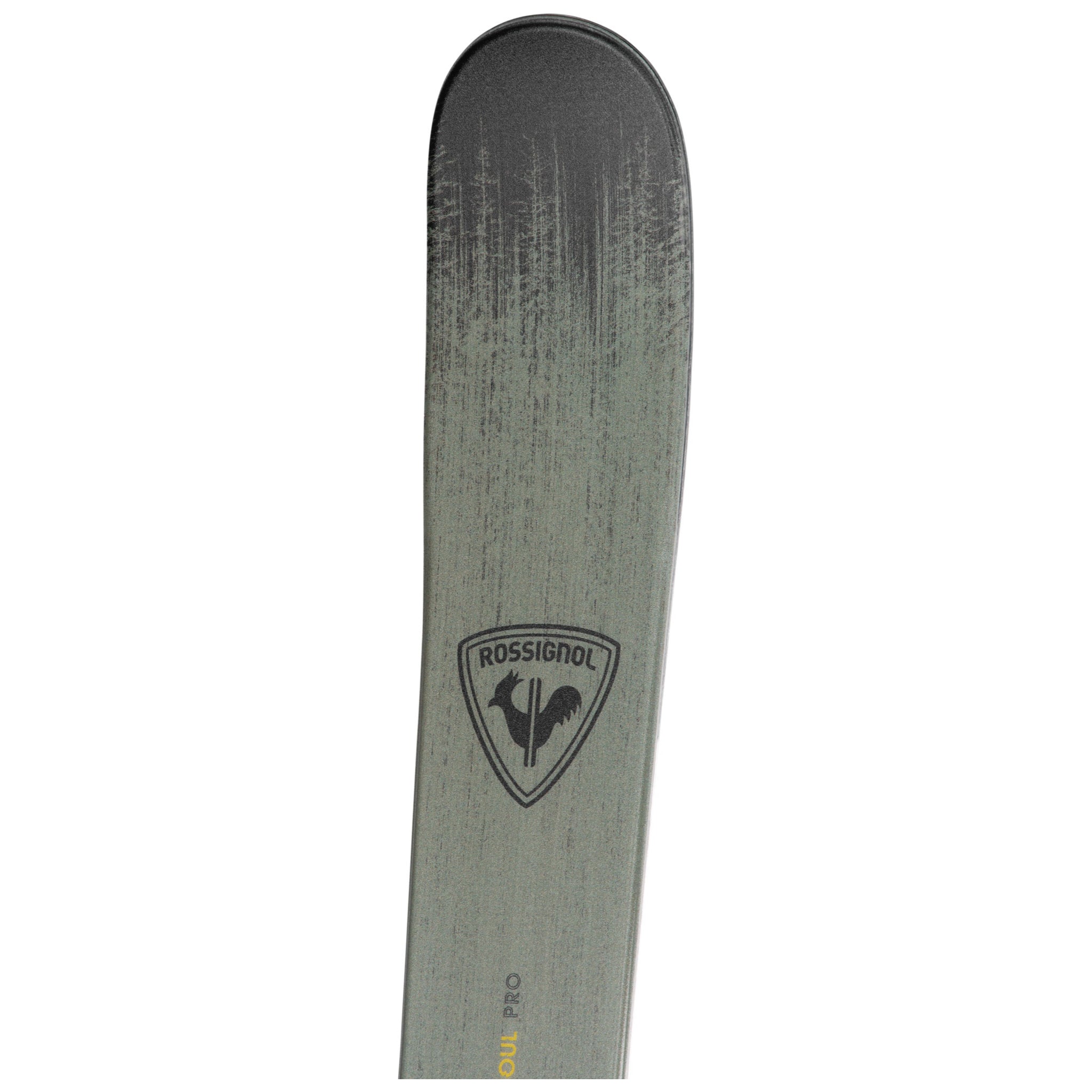 Rossignol Youth Sender Soul Pro Skis with XP10 Bindings - A pair of skis with a black rooster logo and the word "ROSSIGNOL" in white text, set against a gray background.