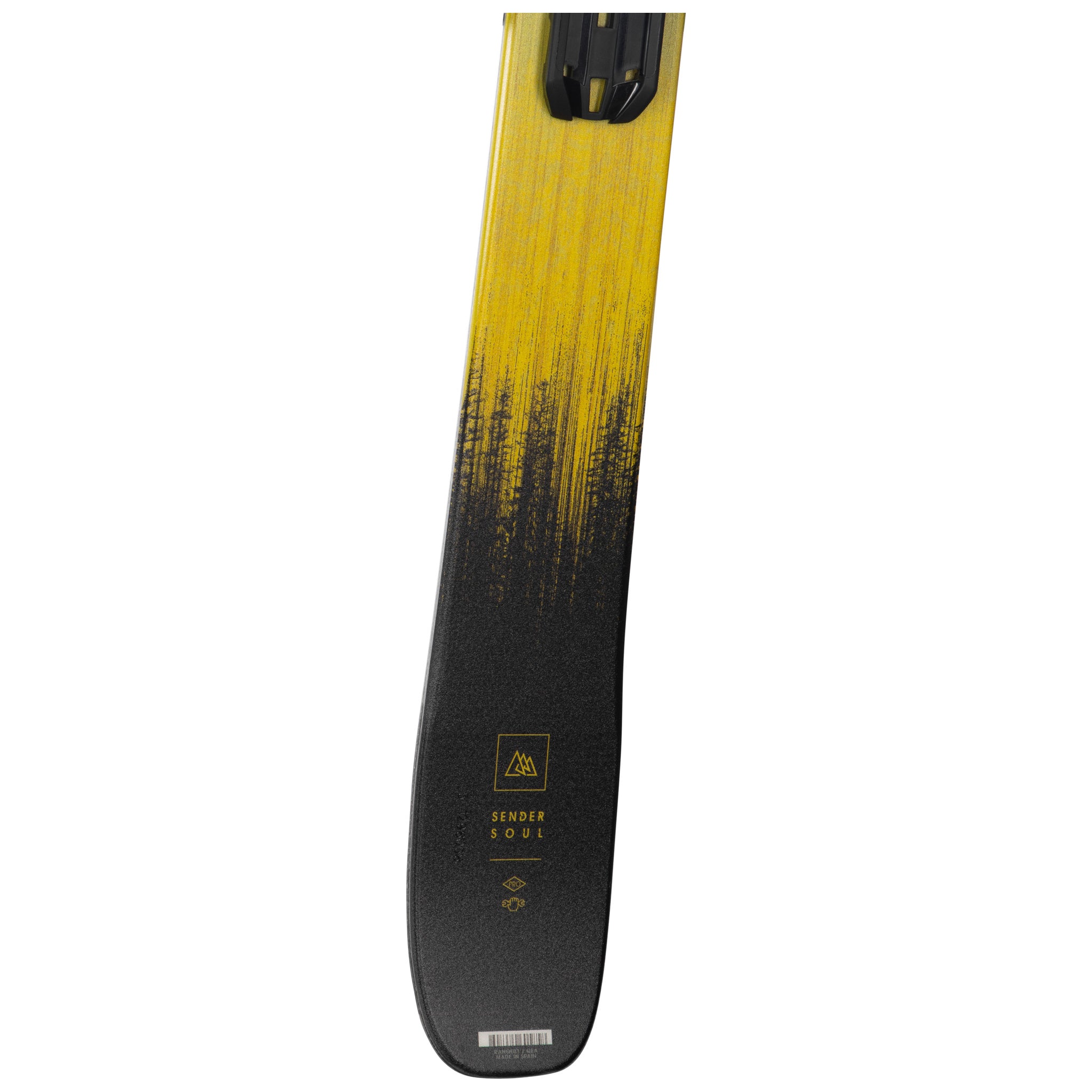 Rossignol Youth Sender Soul Pro Skis with XP10 Bindings - A pair of skis with a black base and yellow accents, featuring a distinctive pattern on the top sheet.