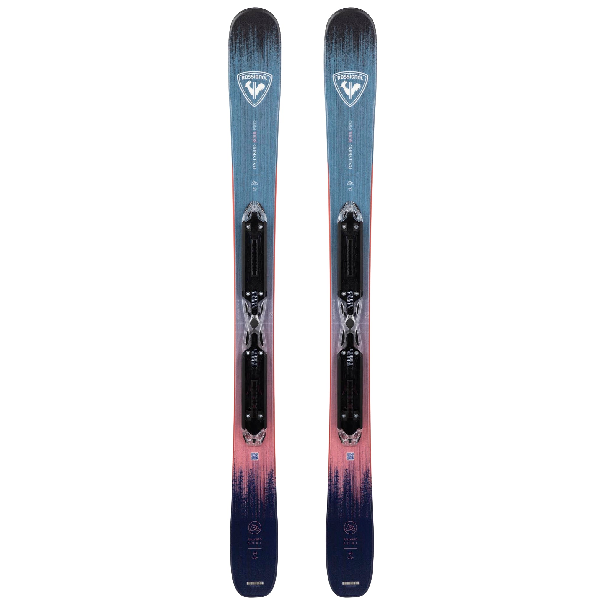 Rossignol Youth Rallybird Soul Pro Skis with XP10 Bindings - 2025 model skis in a blue and pink color scheme, featuring a distinctive white logo on the top.