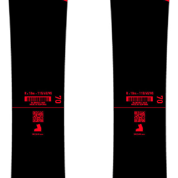 Rossignol - Hero Pro JR Skis with Team 4 Bindings 2025 is shown from a top-down perspective, featuring a black base color with red accents and white lettering.