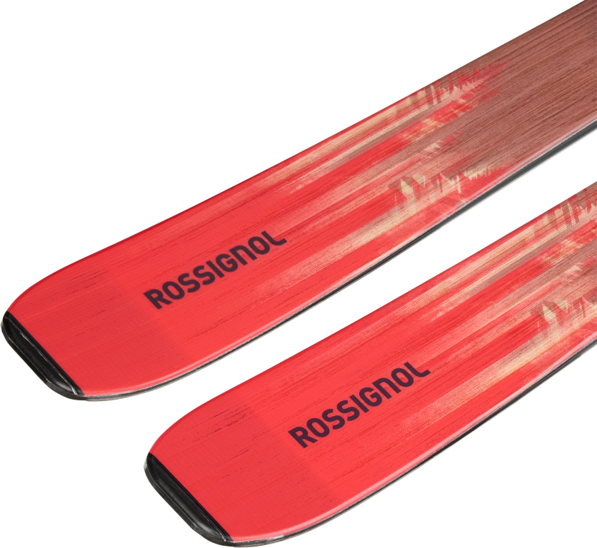 Red Rossignol Soul 92 skis with black tips, showing length markings