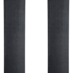 Rear view of red Rossignol skis with vertical “ROSSIGNOL” branding and shield badges