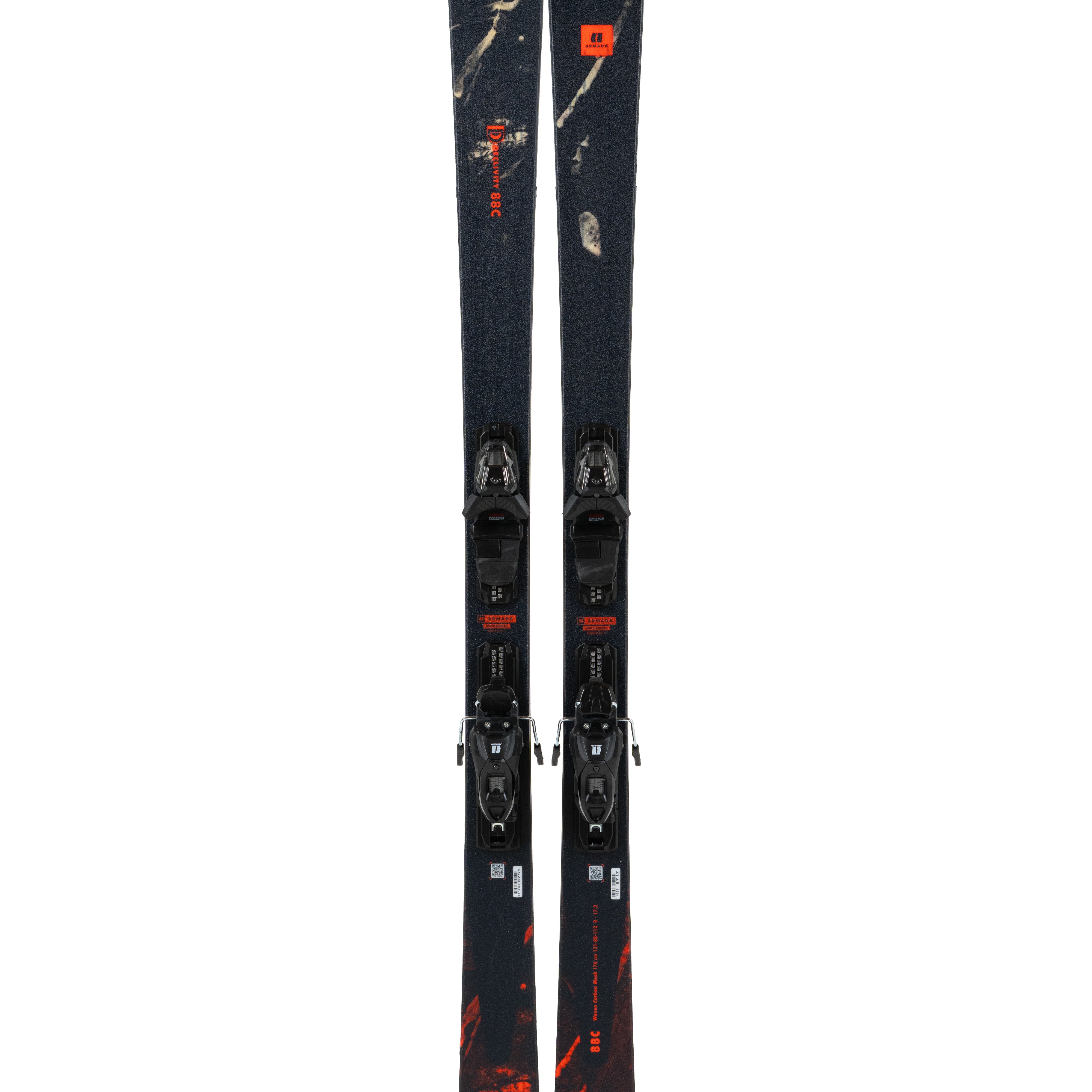 Armada Declivity 88C Skis with EM10 Bindings - Black skis with white and red accents, featuring a distinctive pattern on the top sheet.