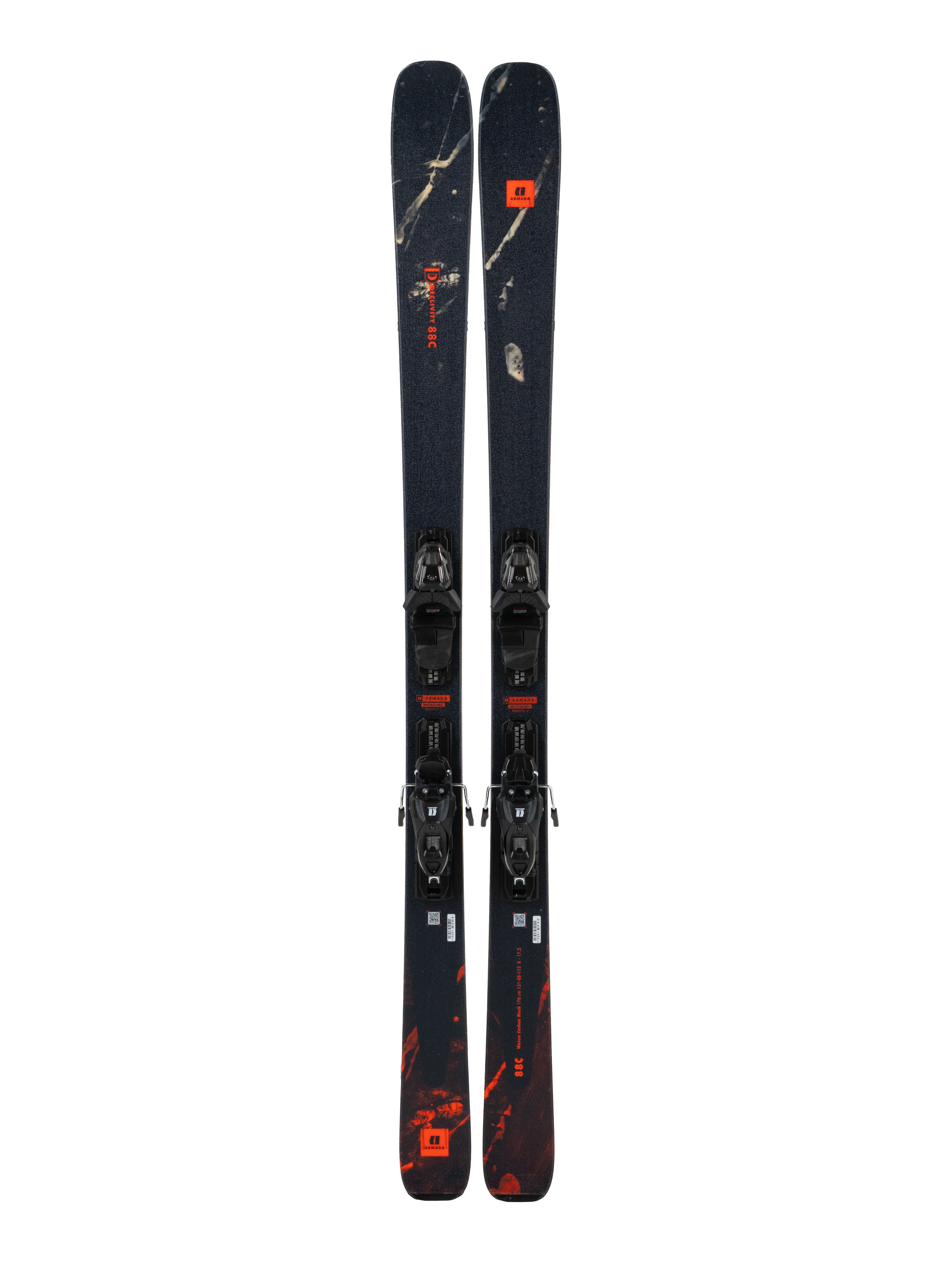 Armada Declivity 88C Skis with EM10 Bindings - Black skis with white and red accents, featuring a distinctive pattern on the top sheet.