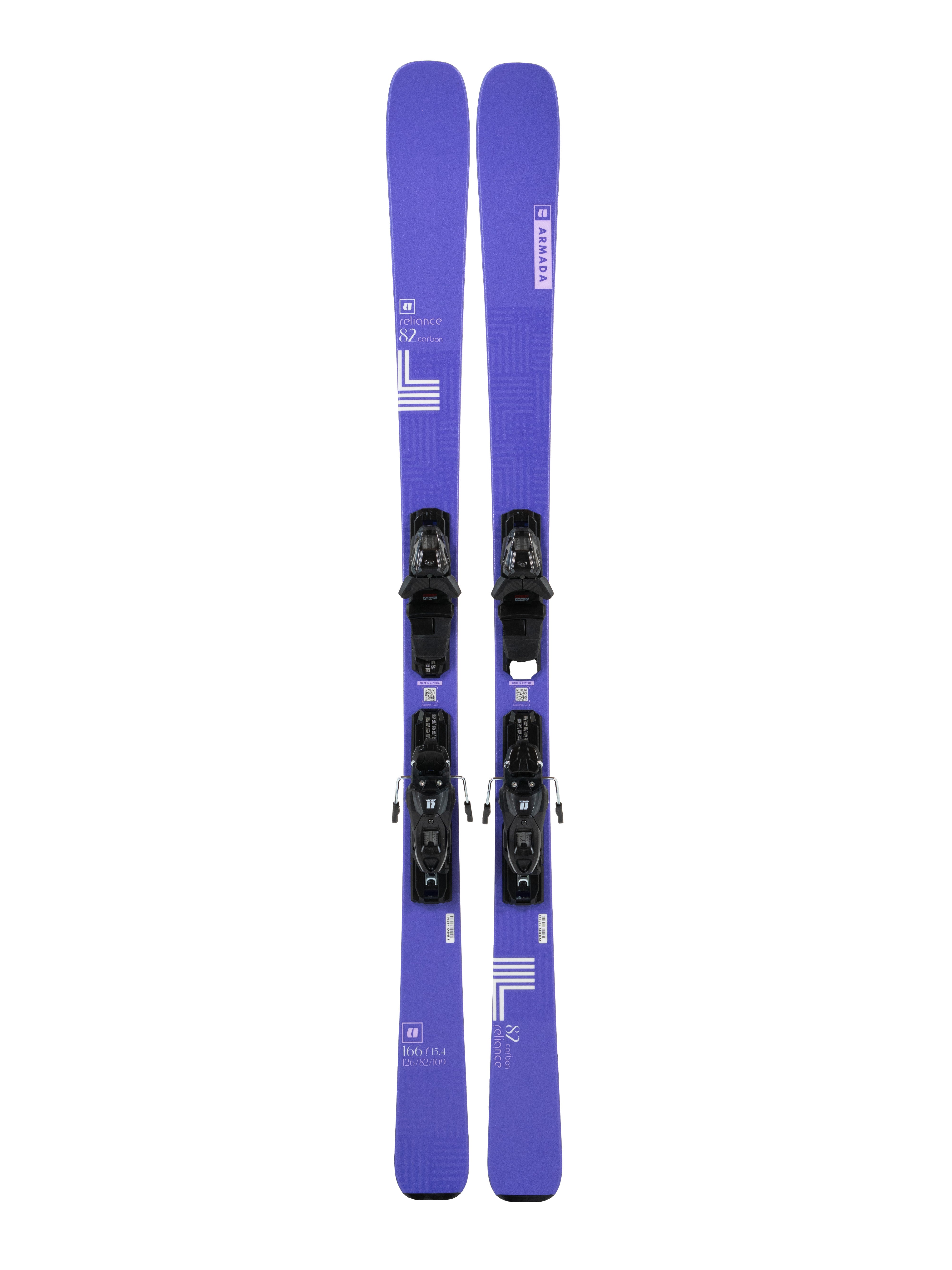 Armada Women's Relience 82 C with EM10 Bindings - A purple ski with white lettering and a geometric pattern on top, featuring black bindings.