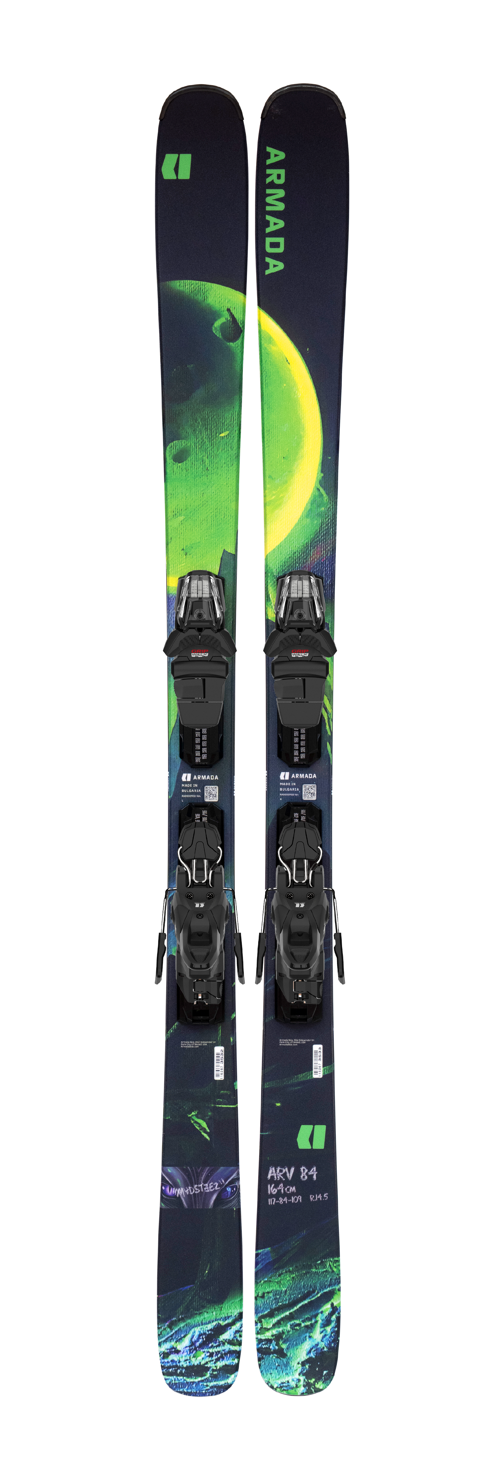 Armada ARV 84 R skis with EM10 bindings, green and blue graphics with bindings
