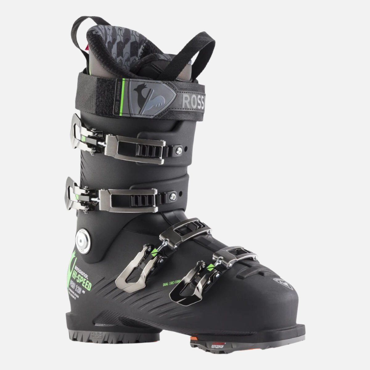 Rossignol Hi-Speed Pro 120 MV Ski Boots 2024 - Black ski boots with a textured pattern on the side and silver buckles.