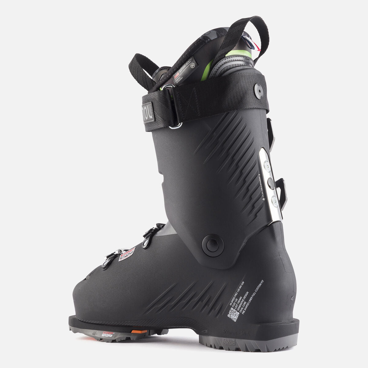 Rossignol Hi-Speed Pro 120 MV Ski Boots 2024 - Black ski boots with silver buckles and straps, featuring diagonal ridges on the side.