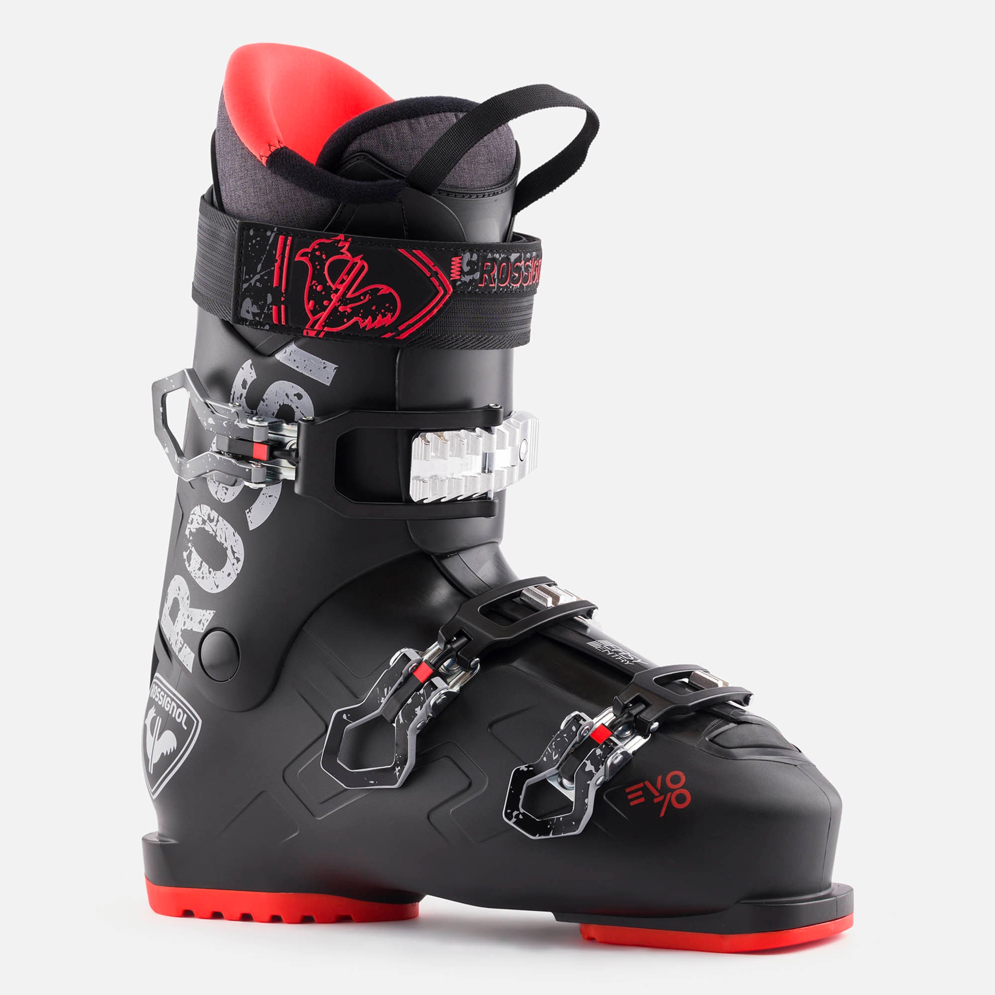 Rossignol EVO 70 HV+ Ski Boots 2025 - Black ski boots with red accents and a white logo on the side.