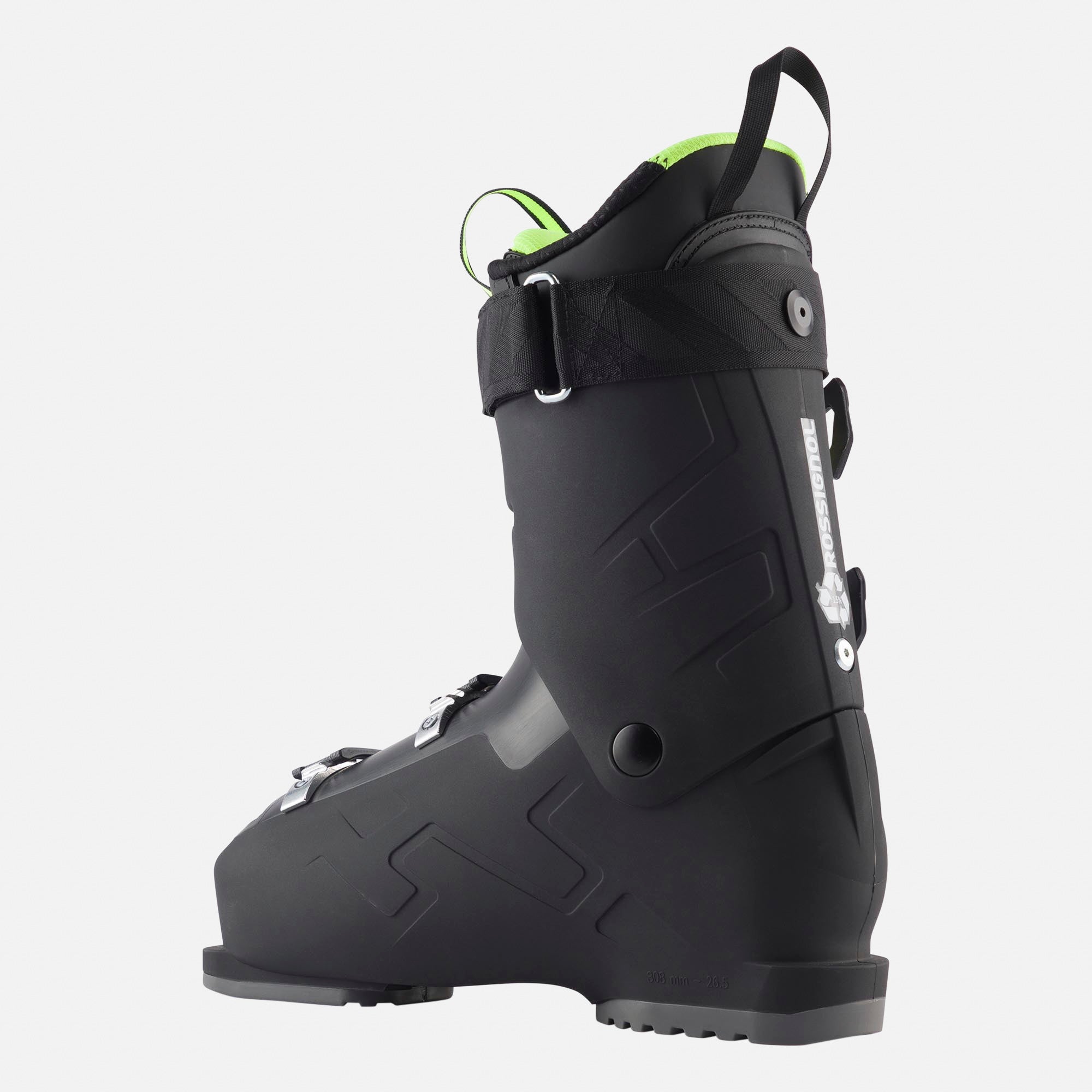 Rossignol Speed 100 HV+ Ski Boot 2025 - A black ski boot with a neon green interior and silver buckles.