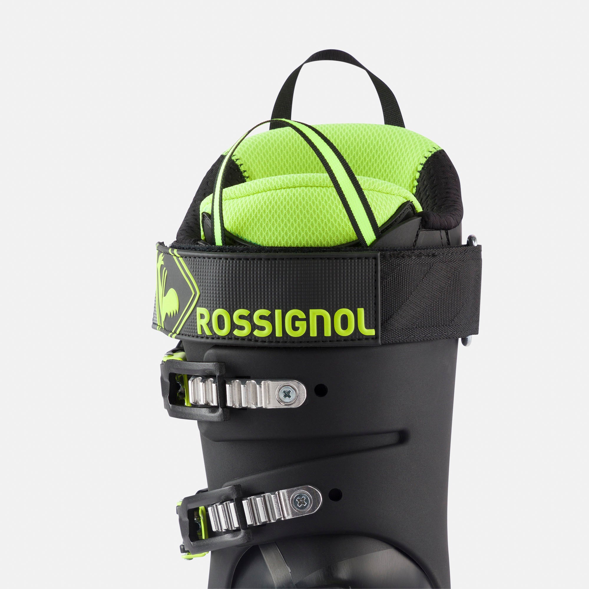 Rossignol Speed 100 HV+ Ski Boot 2025 - A black ski boot with neon green accents and a textured pattern on the side.