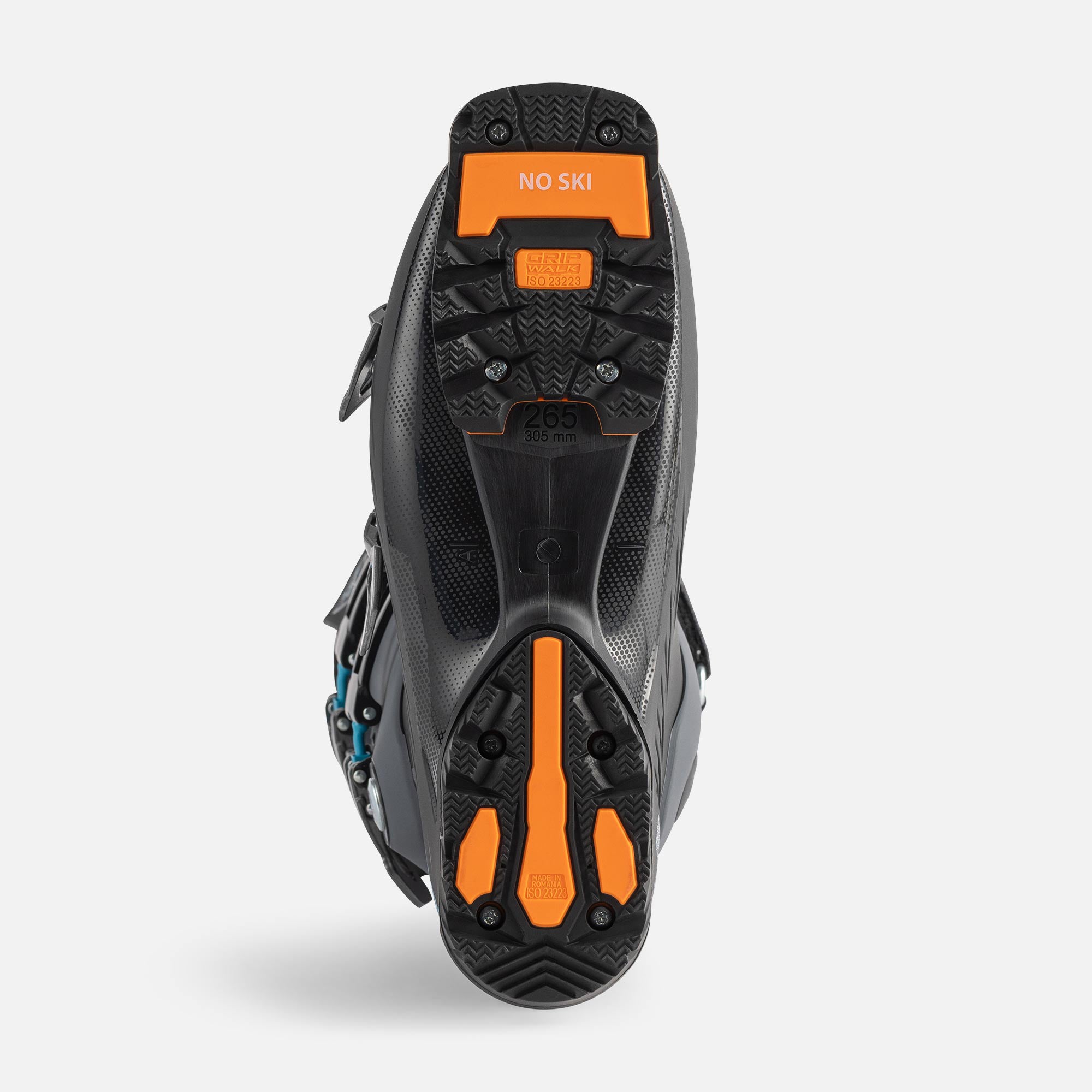 Rossignol Hi-Speed Pro 120 MV Ski Boots 2025 - Black ski boots with silver buckles and blue accents on the side.