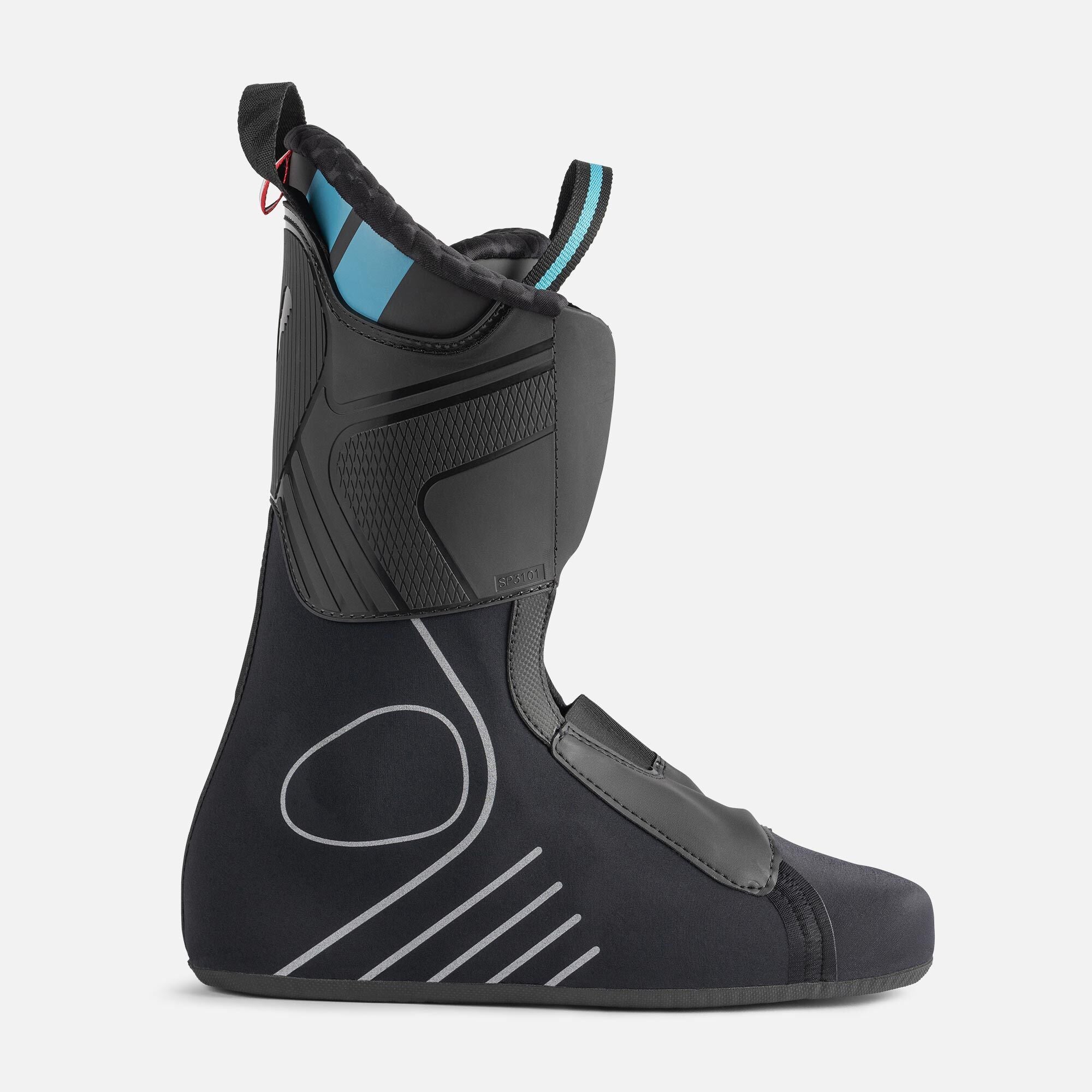Rossignol Hi-Speed Pro 120 MV Ski Boots 2025 - Black ski boots with a textured pattern on the side and a blue logo on the tongue.