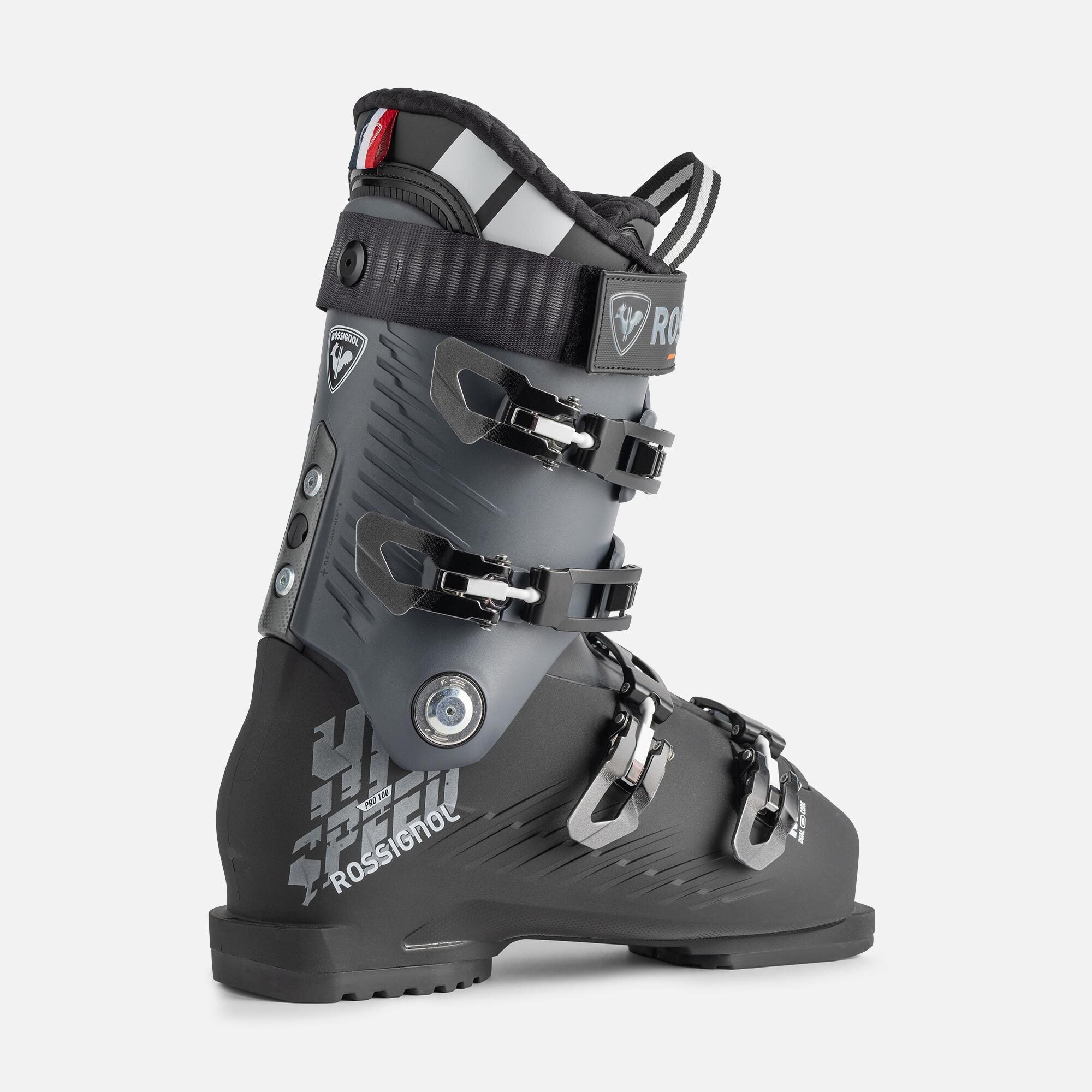 Rossignol Hi-Speed Pro MV 100 Ski Boots 2025 - Black ski boots with white lettering and logos, featuring a textured pattern on the side.