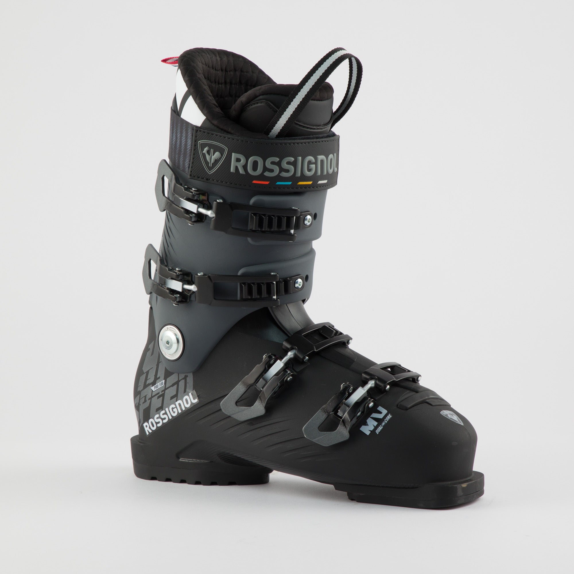 Rossignol Hi-Speed Pro MV 100 Ski Boots 2025 - Black ski boots with a textured pattern on the side and silver buckles.
