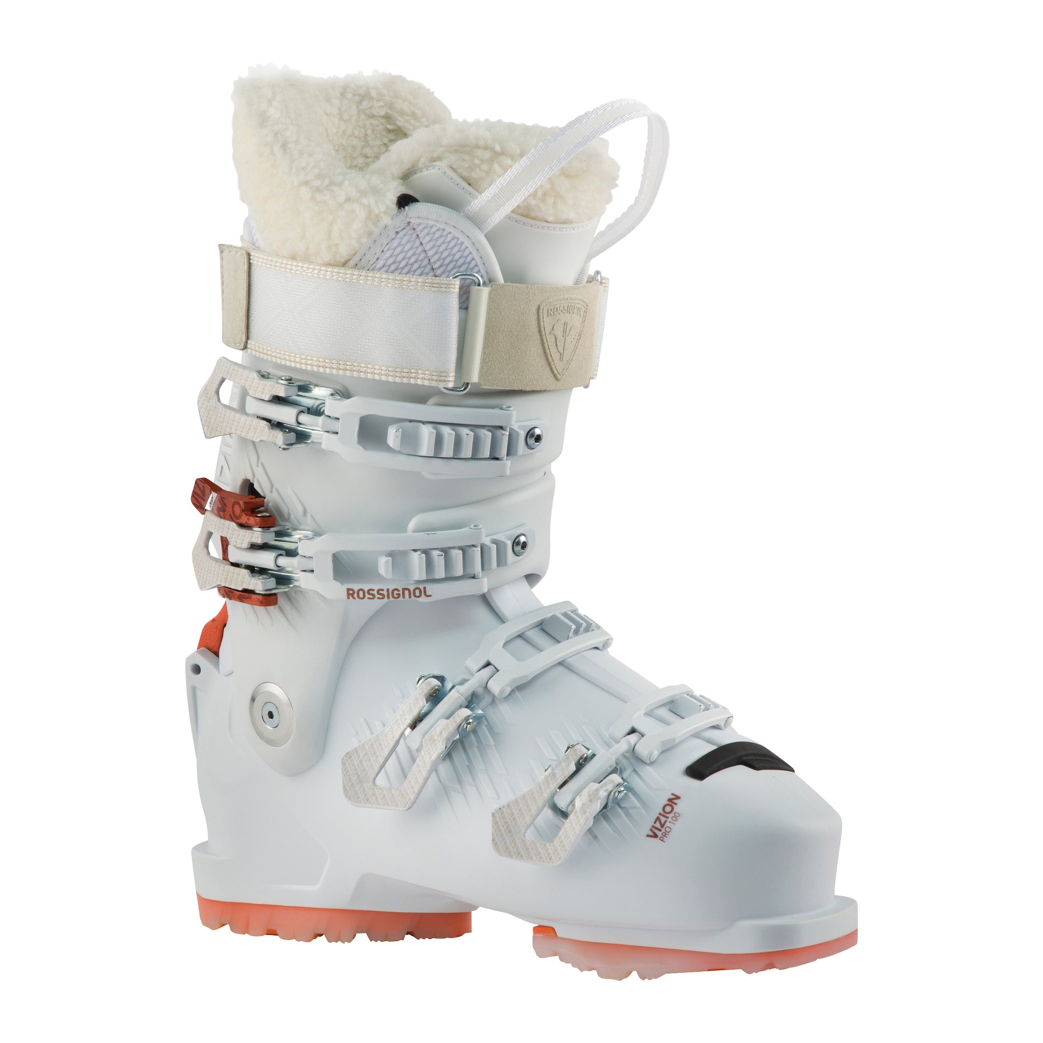 Rossignol Women's Vizion Pro 100 Ski Boots 2025 - White ski boots with a textured pattern on the side and silver buckles.