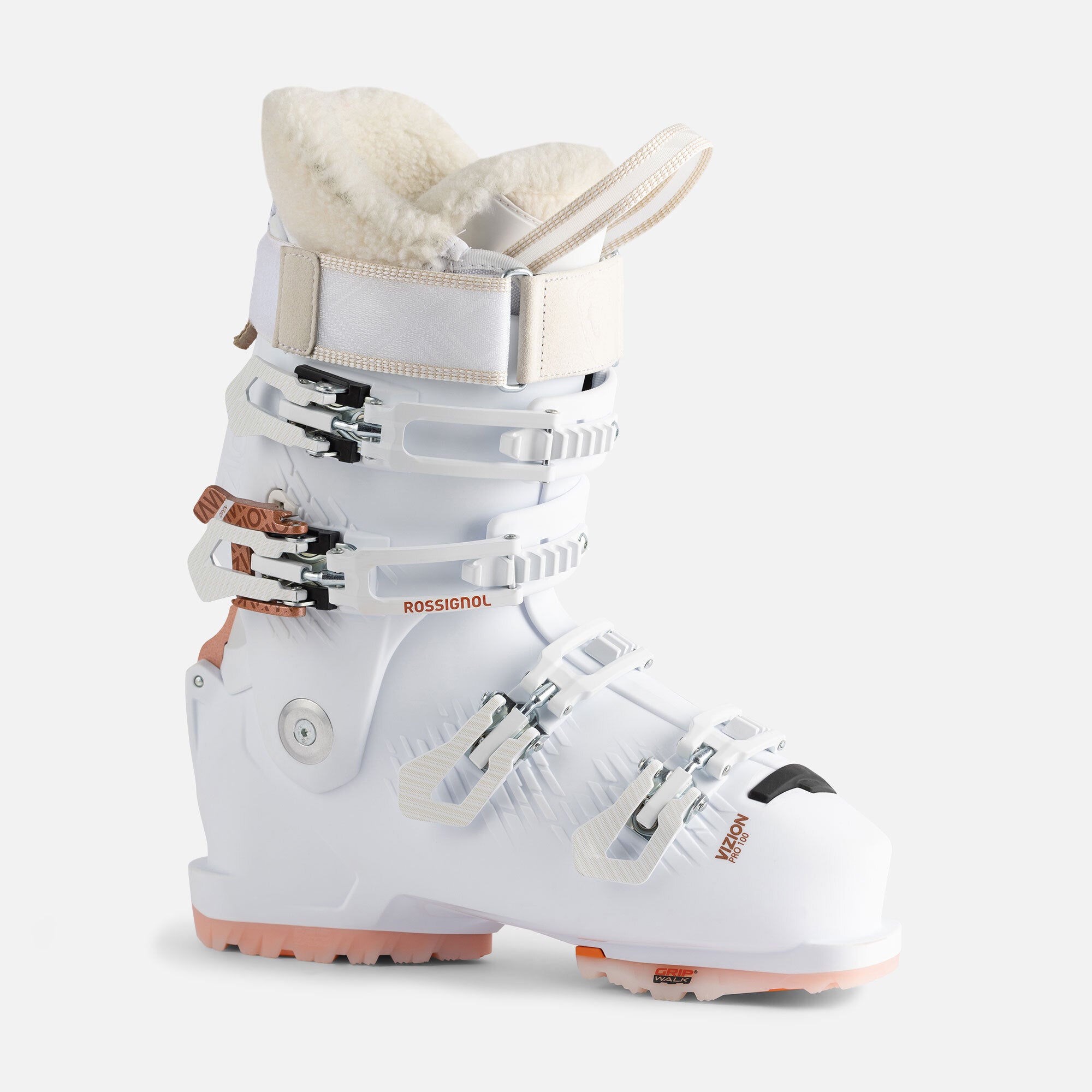 Rossignol Women's Vizion Pro 100 Ski Boots 2023 - White ski boots with a textured pattern on the side and silver buckles.