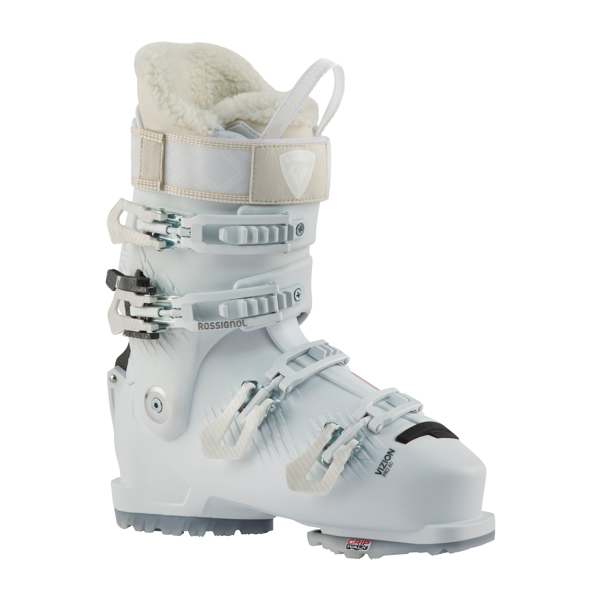 Rossignol Women's Vizion Pro 80 Ski Boot 2025 - A white ski boot with a textured pattern on the side and a black strap across the top.