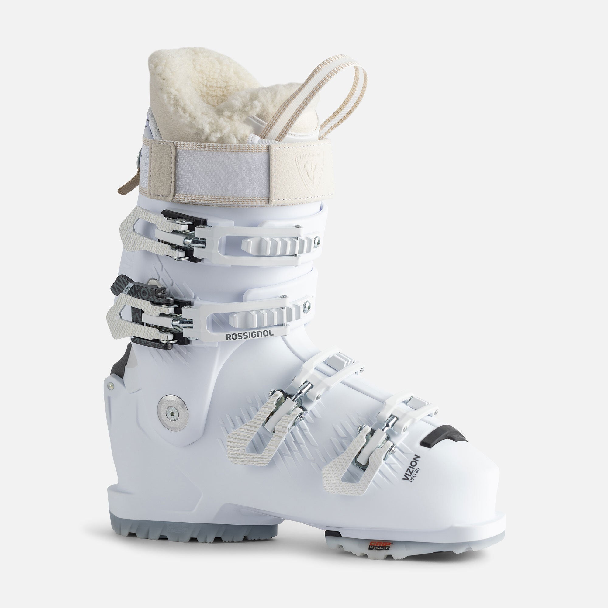 Rossignol Women's Vizion Pro 80 Ski Boot - White ski boot with a textured pattern on the side and silver buckles.