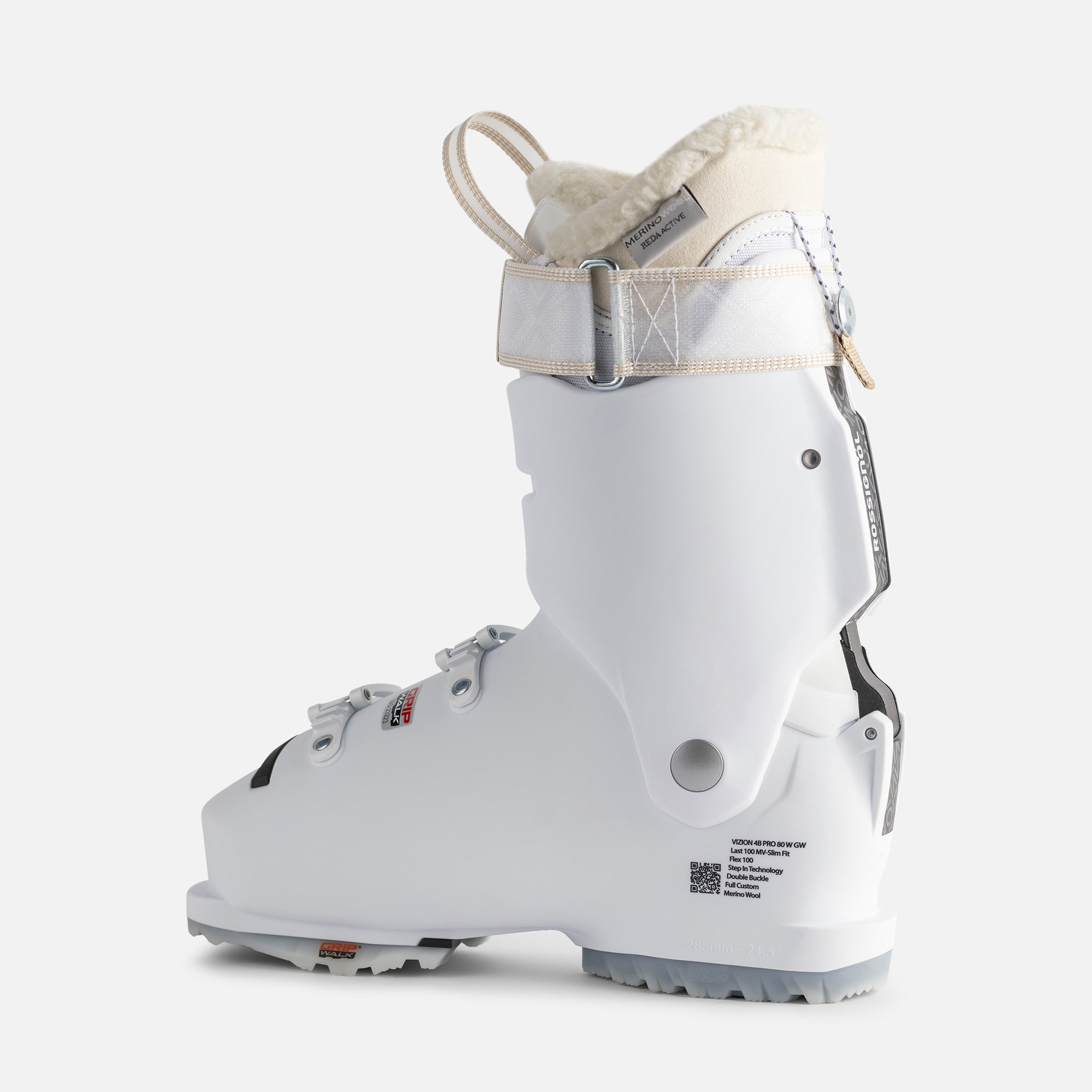 Rossignol Women's Vizion Pro 80 Ski Boot 2025 - White ski boot with a silver buckle on the side.