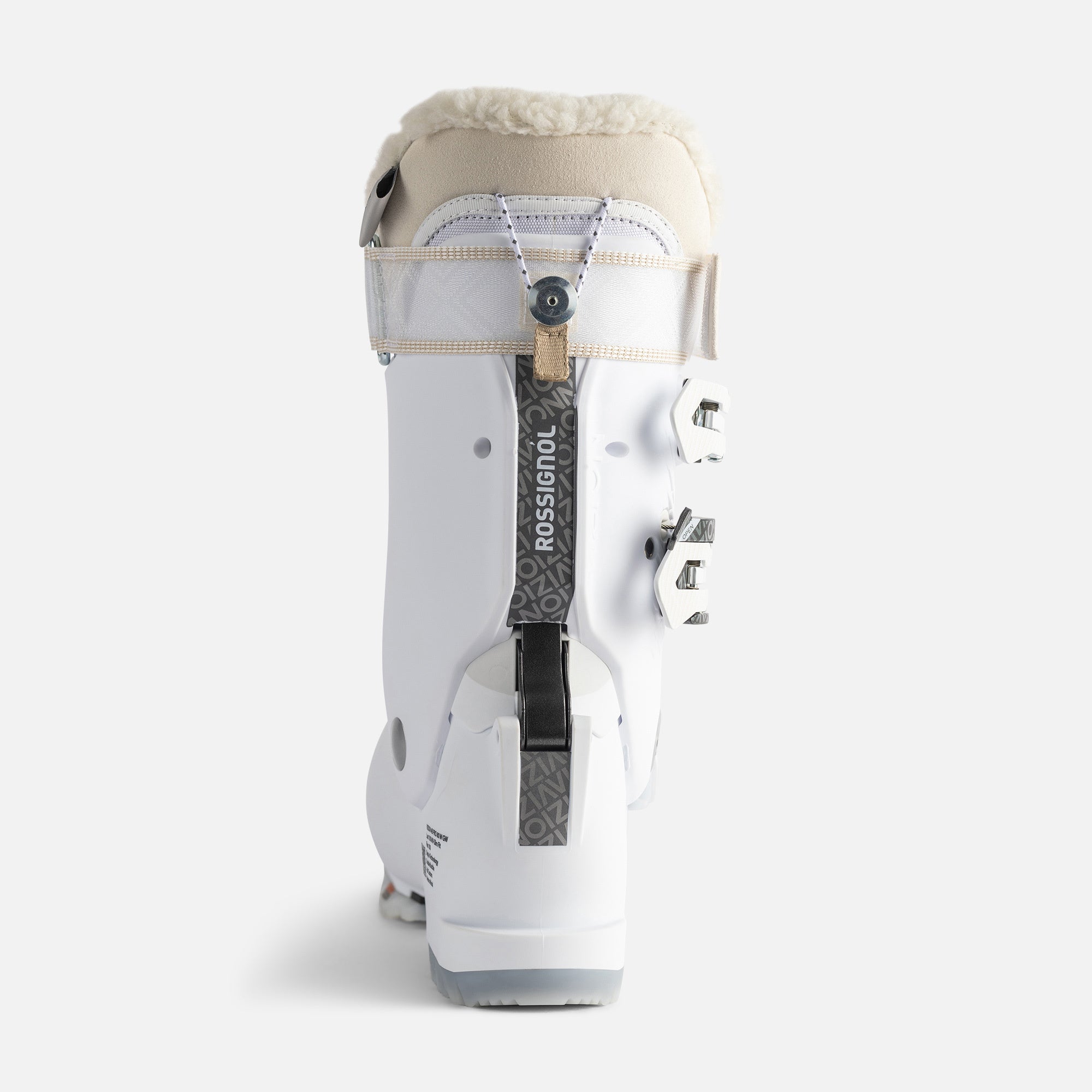 Rossignol Women's Vizion Pro 80 Ski Boot 2023 - A white ski boot with a black strap and silver buckles.