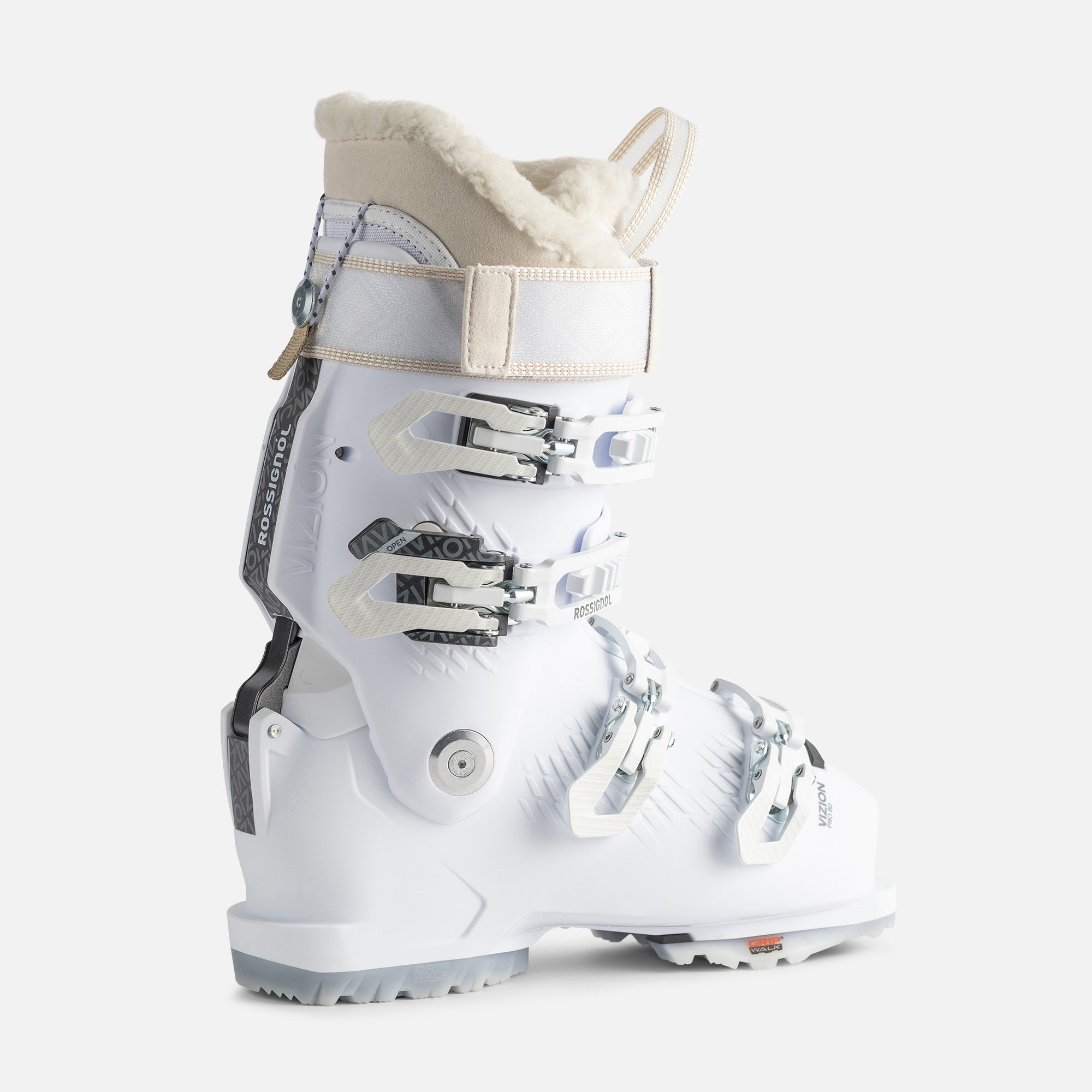 Rossignol Women's Vizion Pro 80 Ski Boot 2025 - A white ski boot with a textured pattern on the side and a silver buckle.