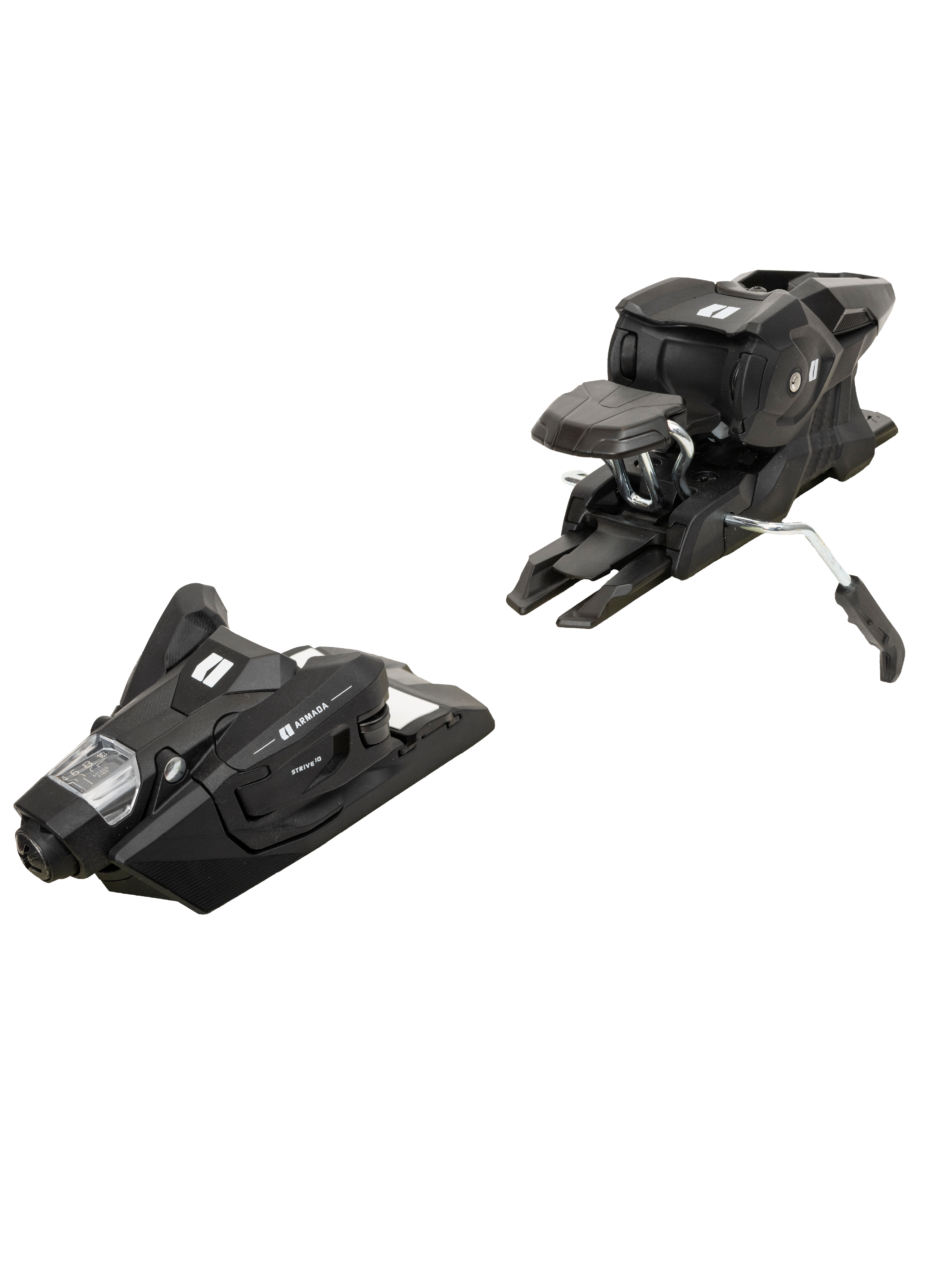 Black ski bindings pair, angled views showing adjustable heel and toe mechanisms