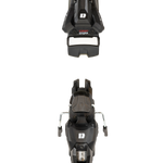 Black ski bindings, front and top views with metal toe/heel adjusters