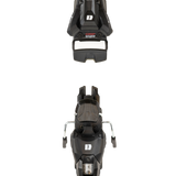 Black ski bindings, front and top views with metal toe/heel adjusters
