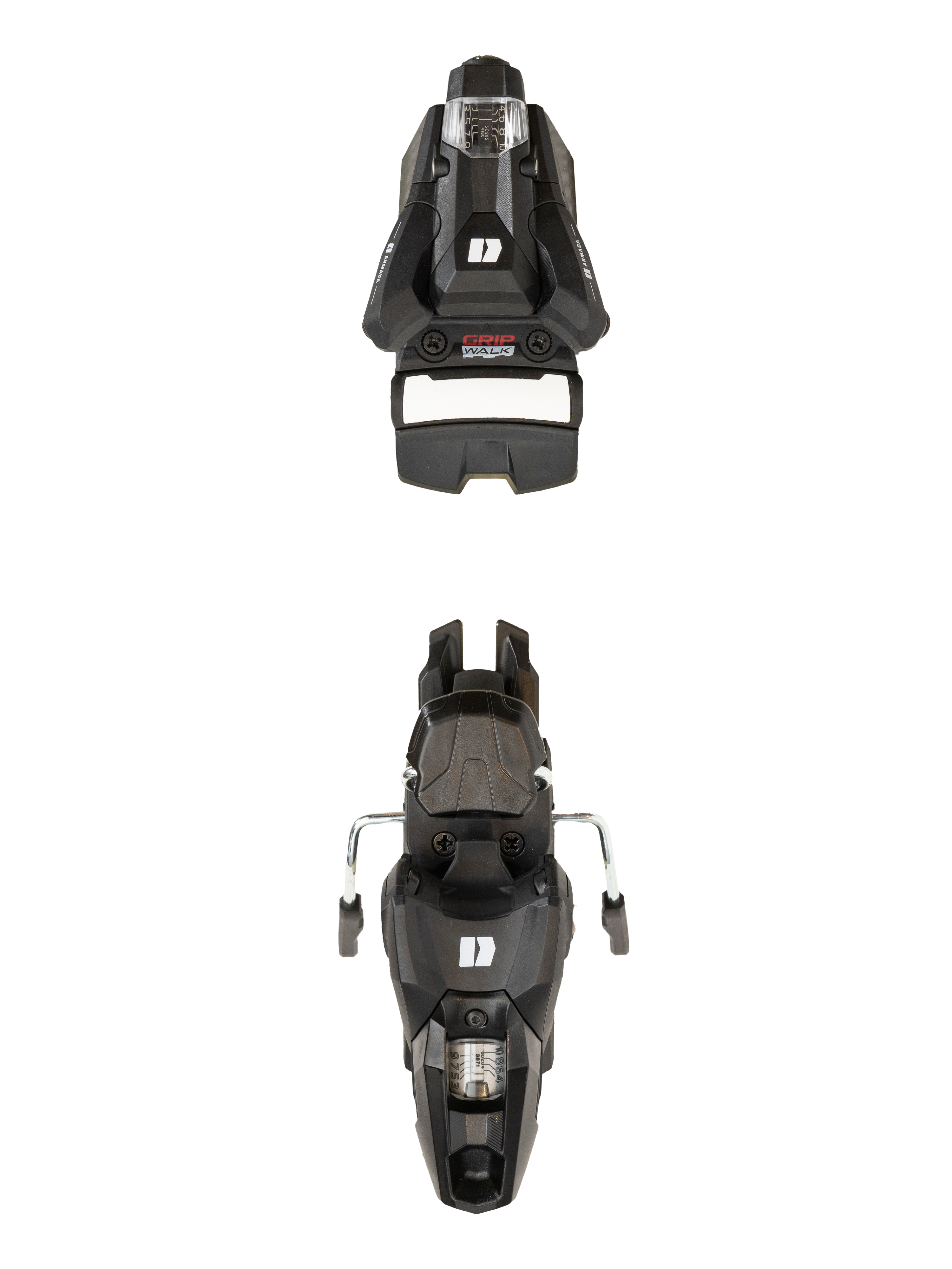 Black ski bindings, front and top views with metal toe/heel adjusters