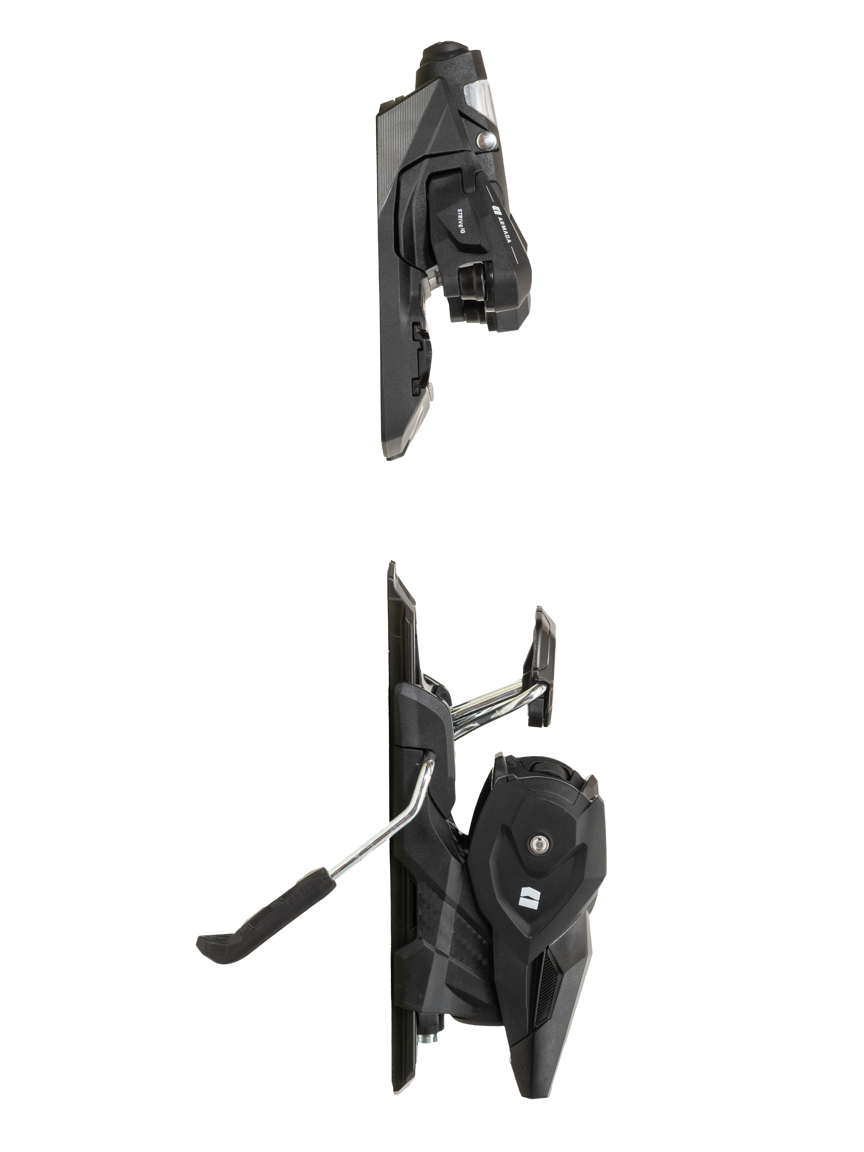 Black Armada Strive 10 ski bindings, side view with toe and heel pieces