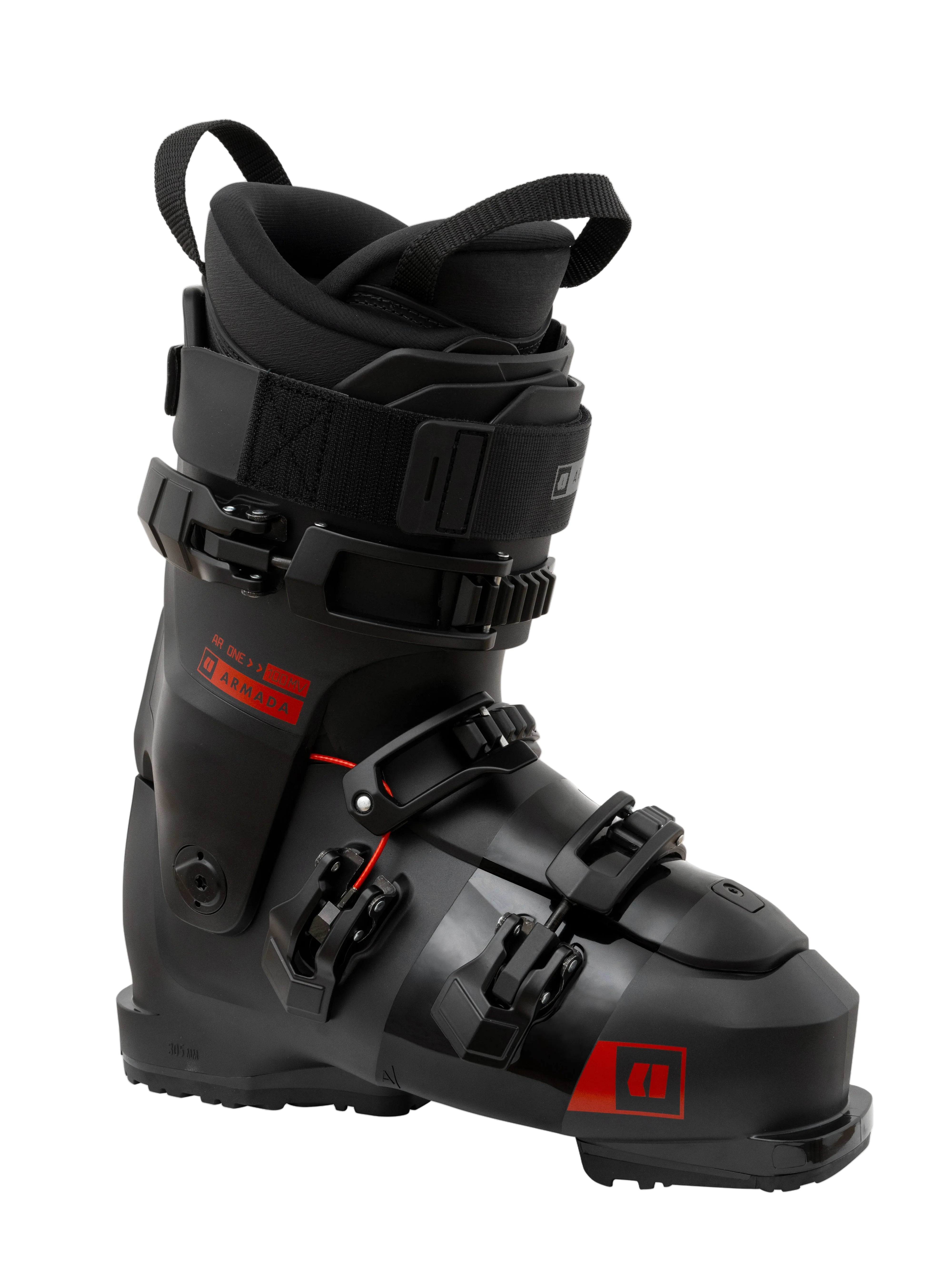 Armada AR One 100 MV ski boot, black with red accents and buckles