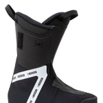 Black ski boot side view with padded cuff and adjustable hook-and-loop strap