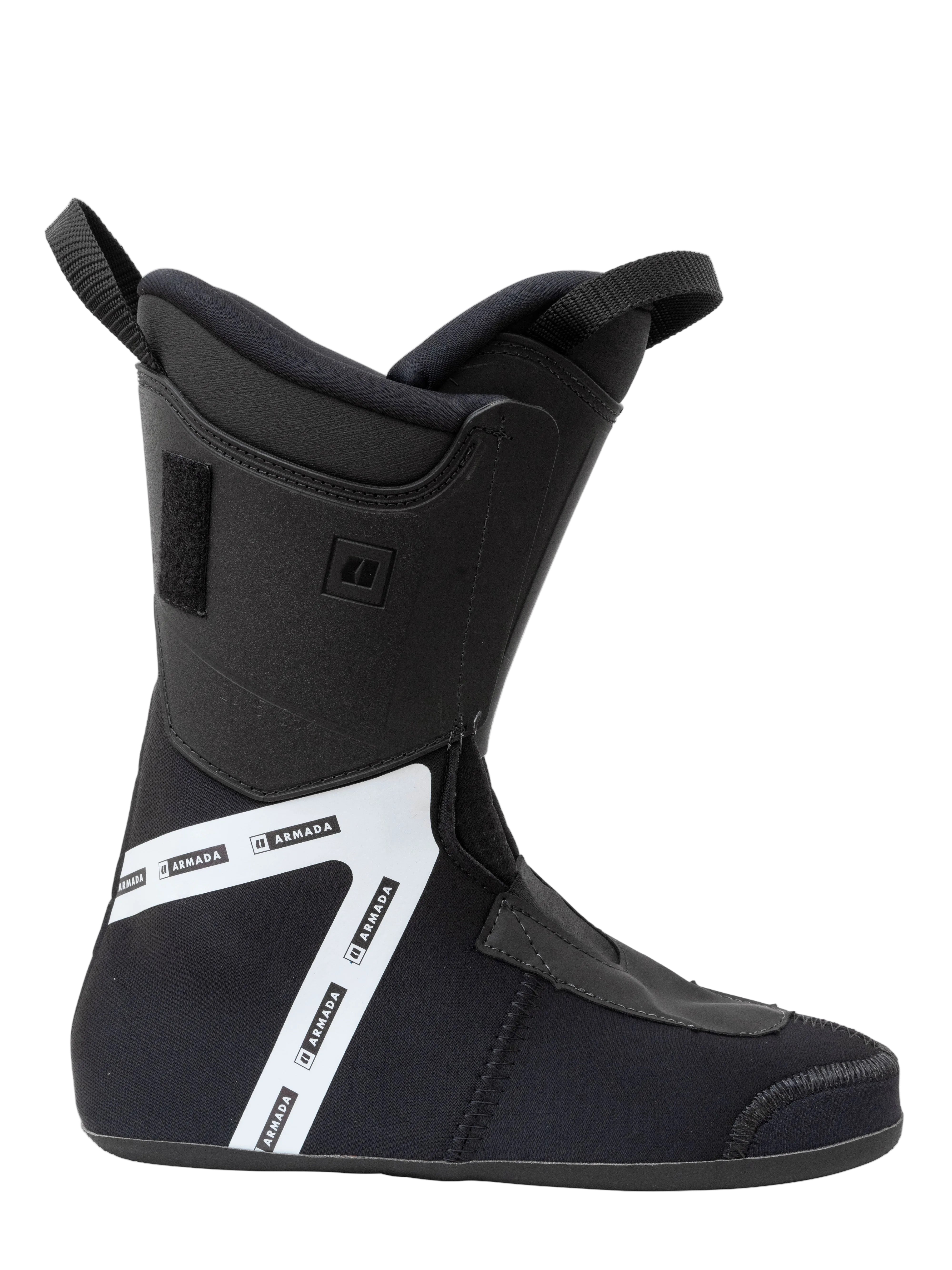 Black ski boot side view with padded cuff and adjustable hook-and-loop strap