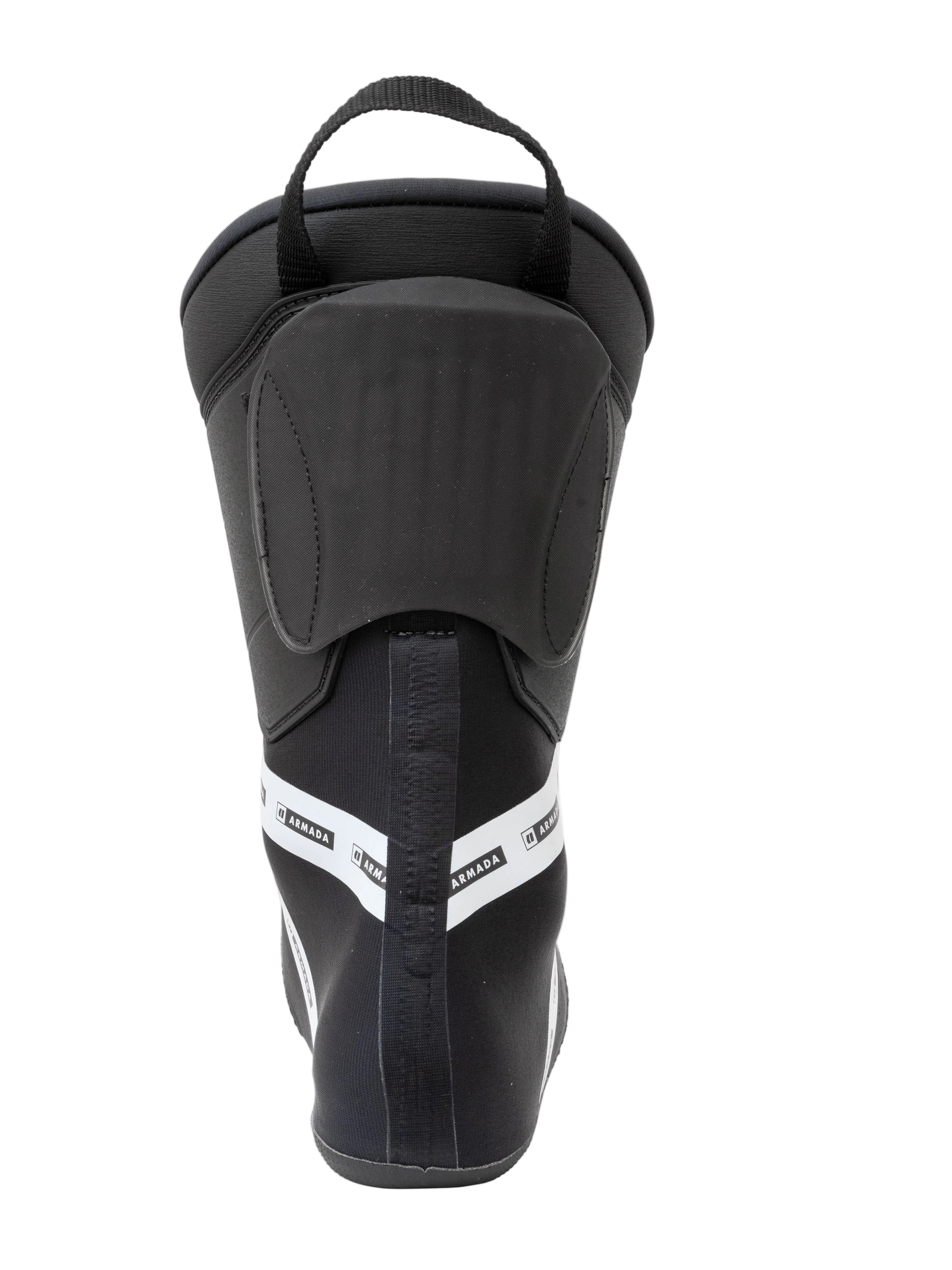 Black ski boot heel and rear opening with padded collar and top pull strap