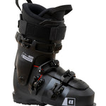 Black ski boot angled side view with two buckles and adjustable instep strap