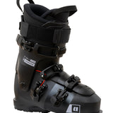 Black ski boot angled side view with two buckles and adjustable instep strap