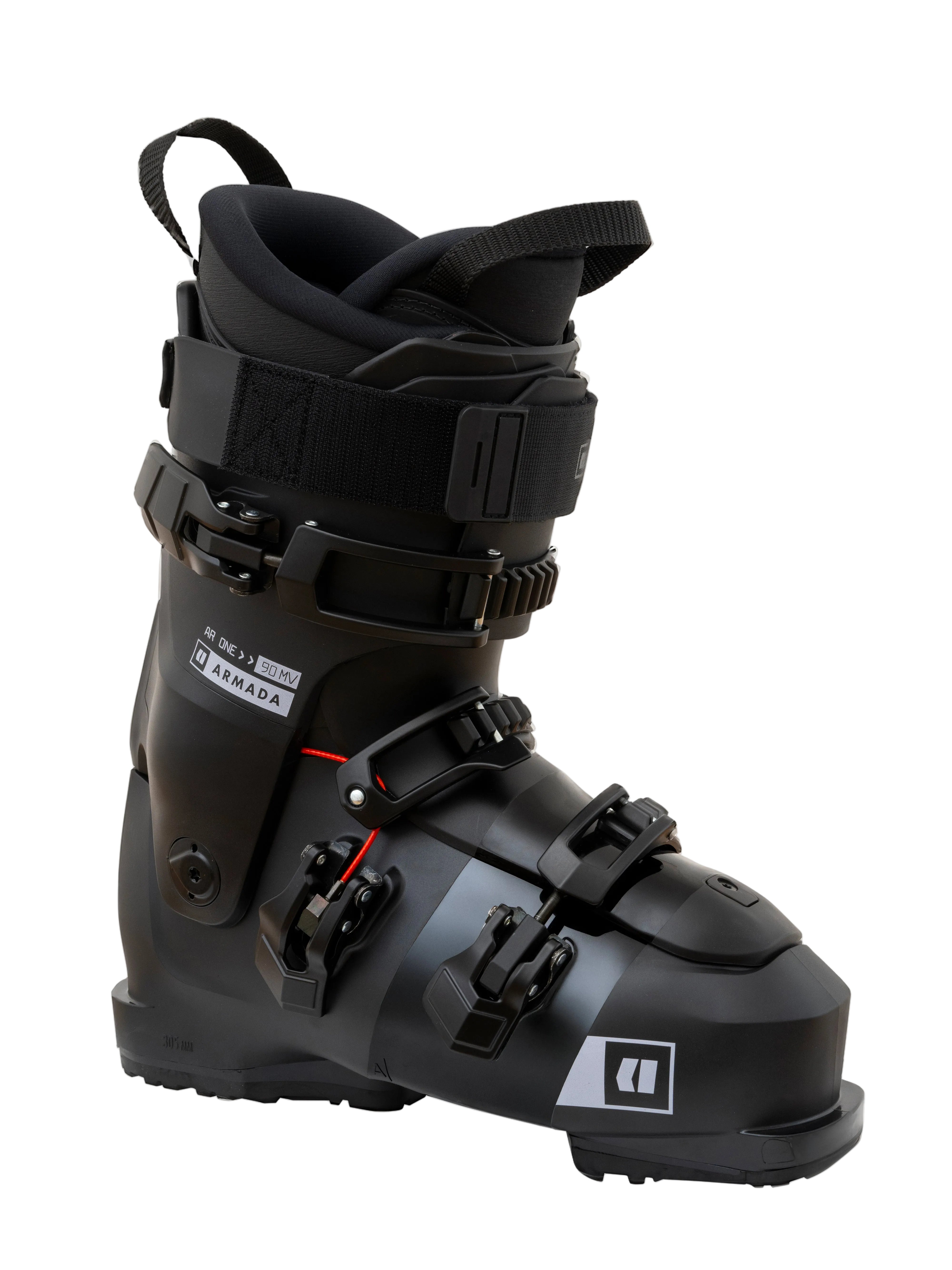 Black ski boot angled side view with two buckles and adjustable instep strap
